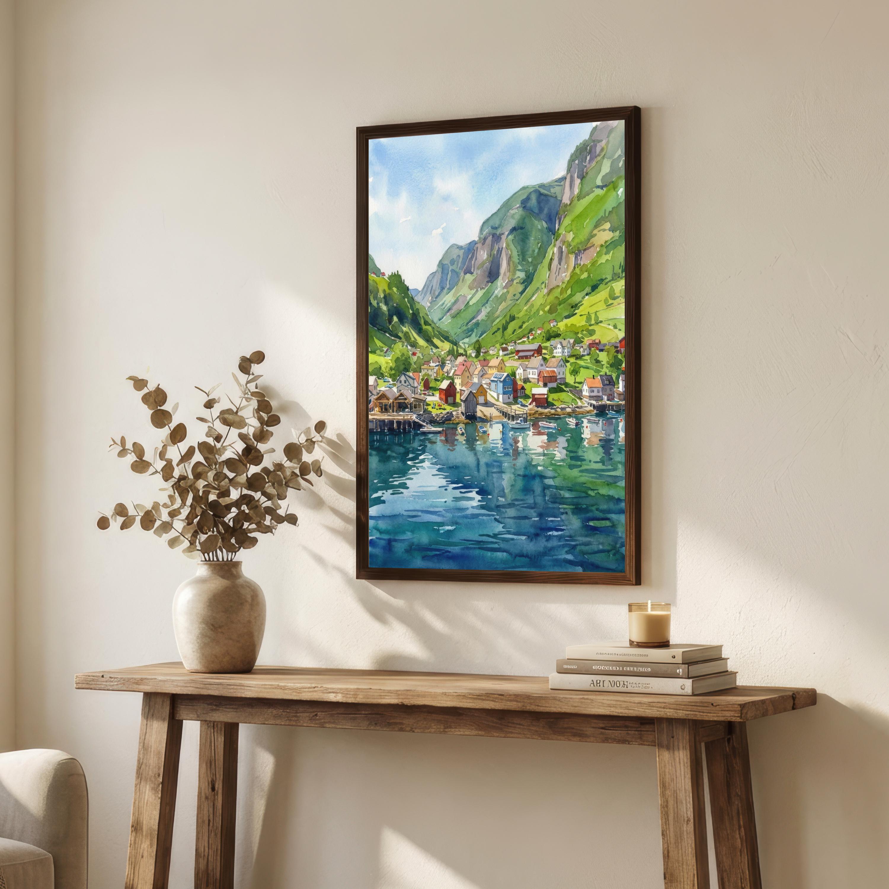 Flam Norway Watercolor Art Print Norwegian Fjord Wall Decor Scenic Mountain Landscape Travel Poster European Gift Home Décor