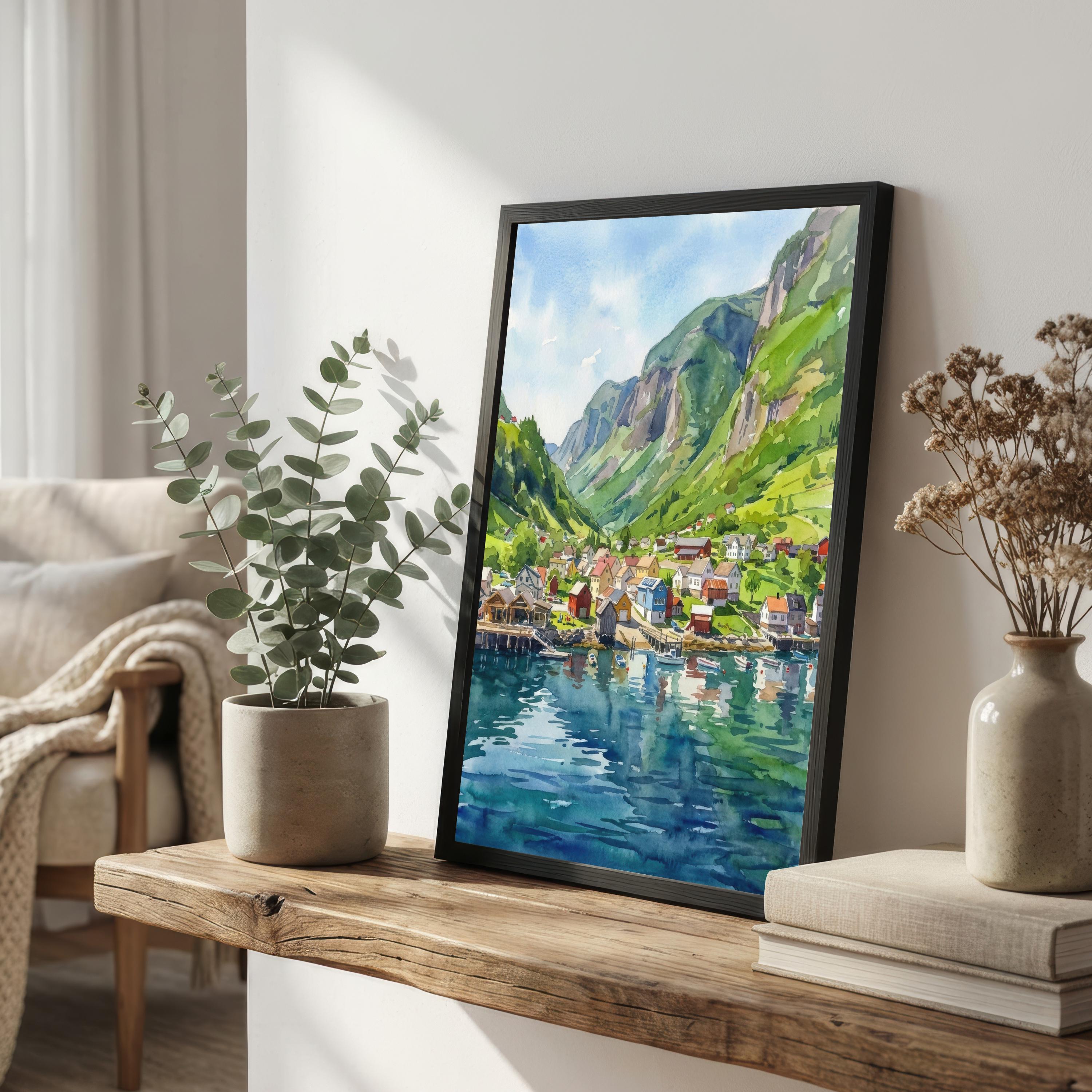 Flam Norway Watercolor Art Print Norwegian Fjord Wall Decor Scenic Mountain Landscape Travel Poster European Gift Home Décor