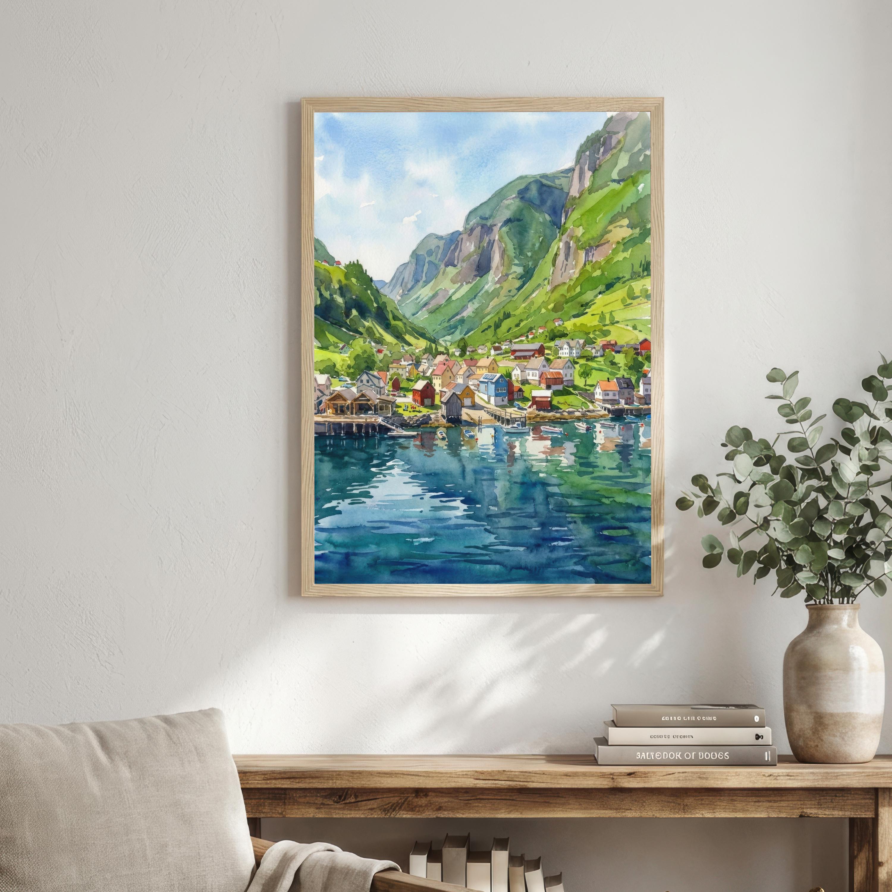 Flam Norway Watercolor Art Print Norwegian Fjord Wall Decor Scenic Mountain Landscape Travel Poster European Gift Home Décor