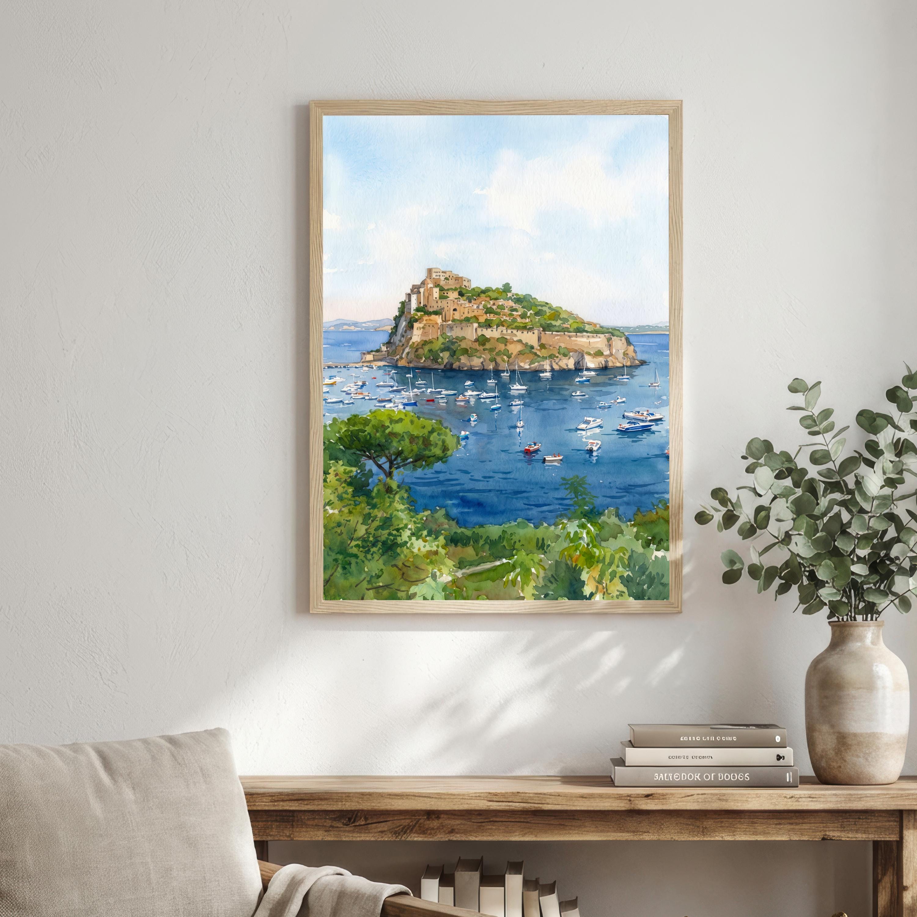Ischia Italy Watercolor Art Print Italian Island Wall Decor Mediterranean Coastal Landscape Travel Poster European Gift Home Décor