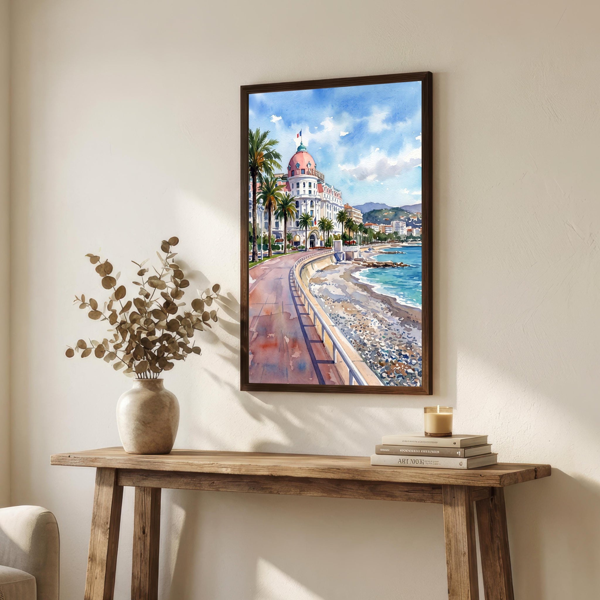 Nice France Watercolor Art Print French Riviera Wall Decor Mediterranean Coastal Landscape Travel Poster European Gift Home Décor
