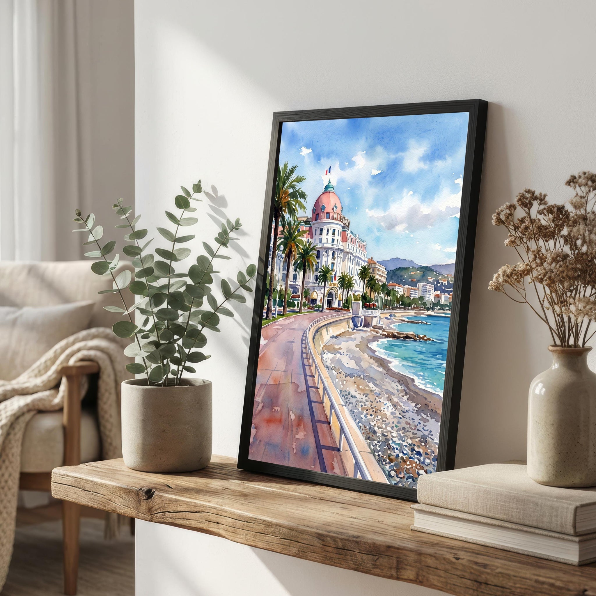 Nice France Watercolor Art Print French Riviera Wall Decor Mediterranean Coastal Landscape Travel Poster European Gift Home Décor