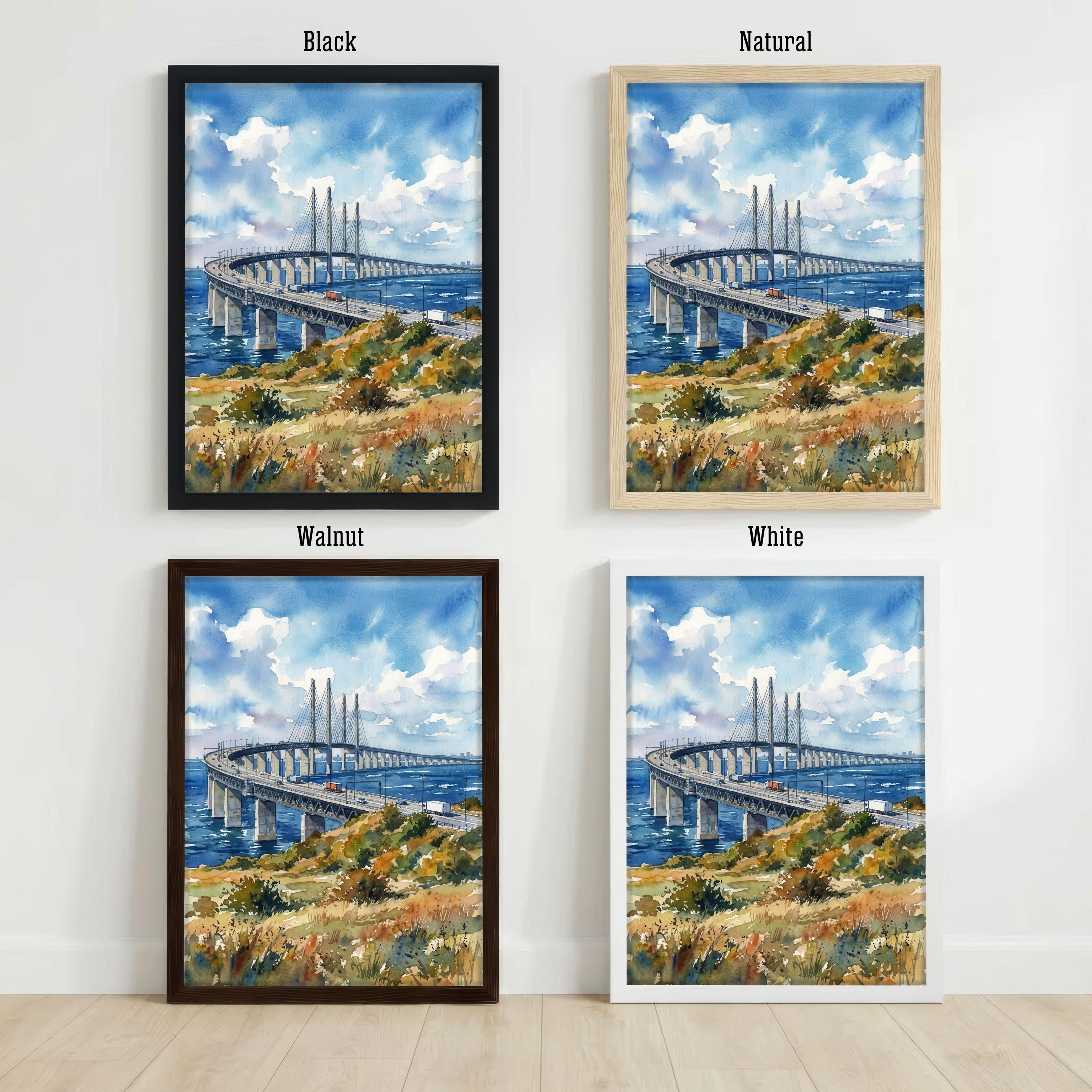 Oresund Bridge Sweden Watercolor Art Print Scandinavian Wall Decor Malmö Copenhagen Coastal Landscape Travel Poster Nordic Gift