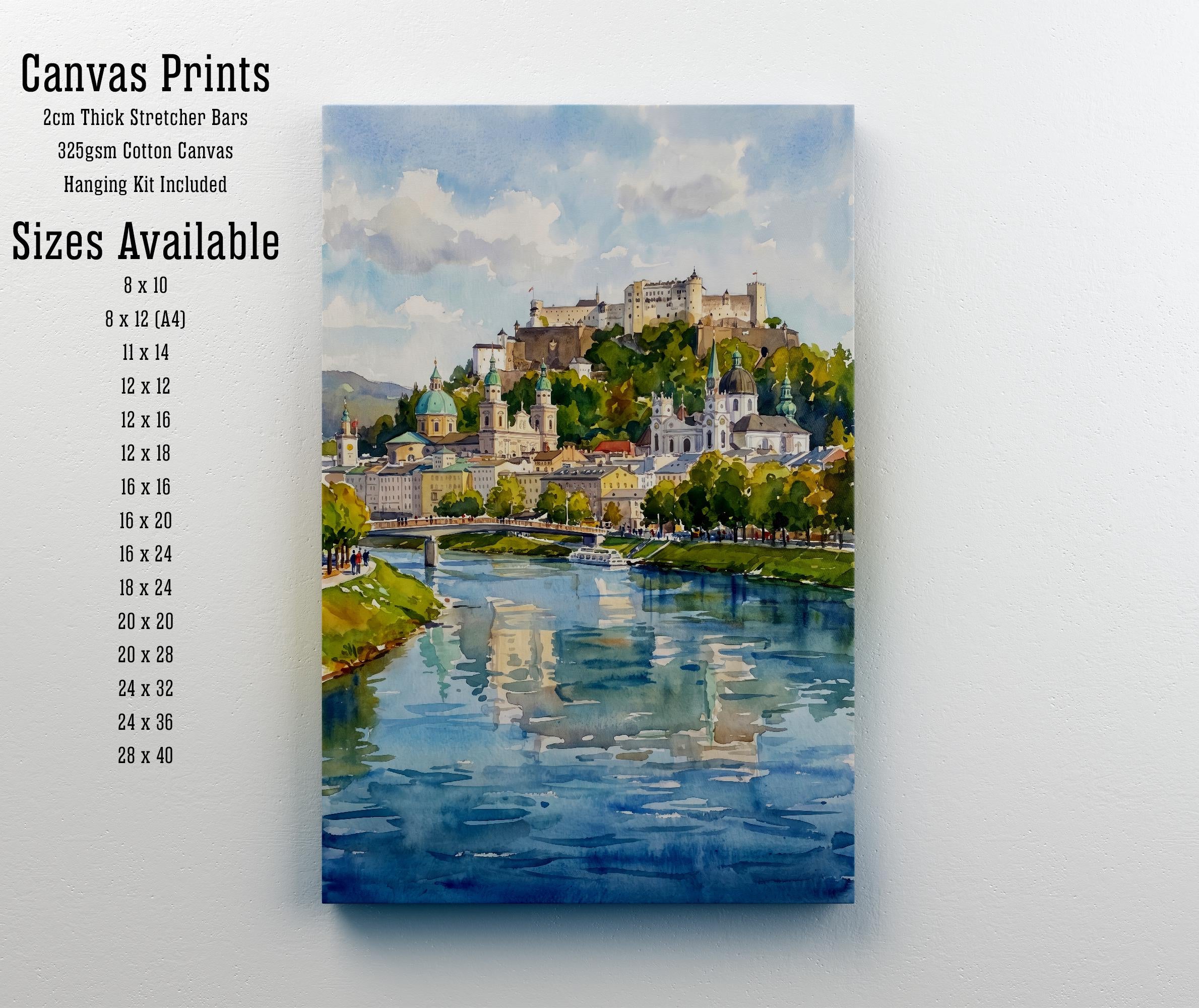 Salzburg Austria Watercolor Art Print Austrian City Wall Decor Alpine Landscape Travel Poster European Gift Home Décor