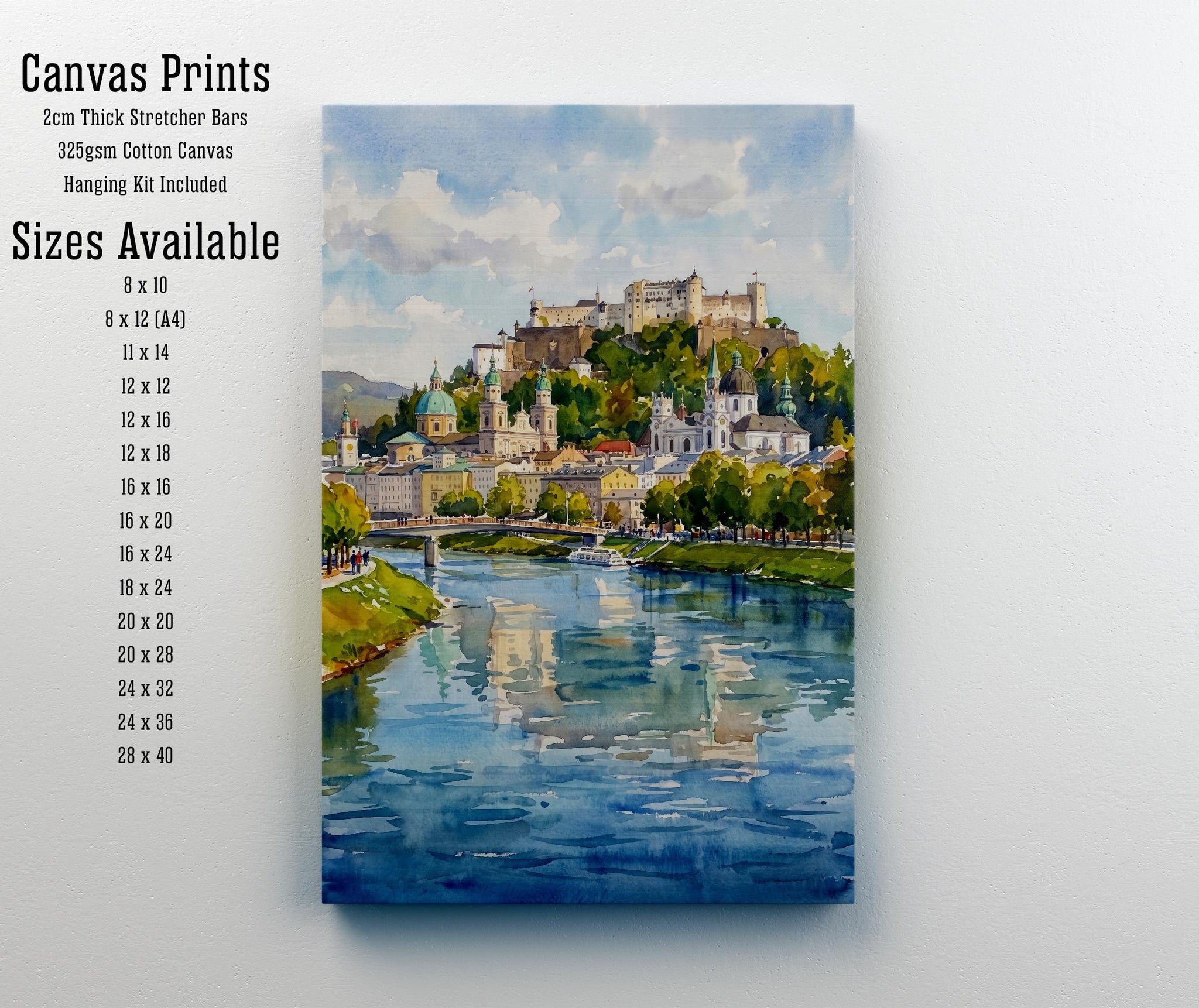 Salzburg Austria Watercolor Art Print Austrian City Wall Decor Alpine Landscape Travel Poster European Gift Home Décor