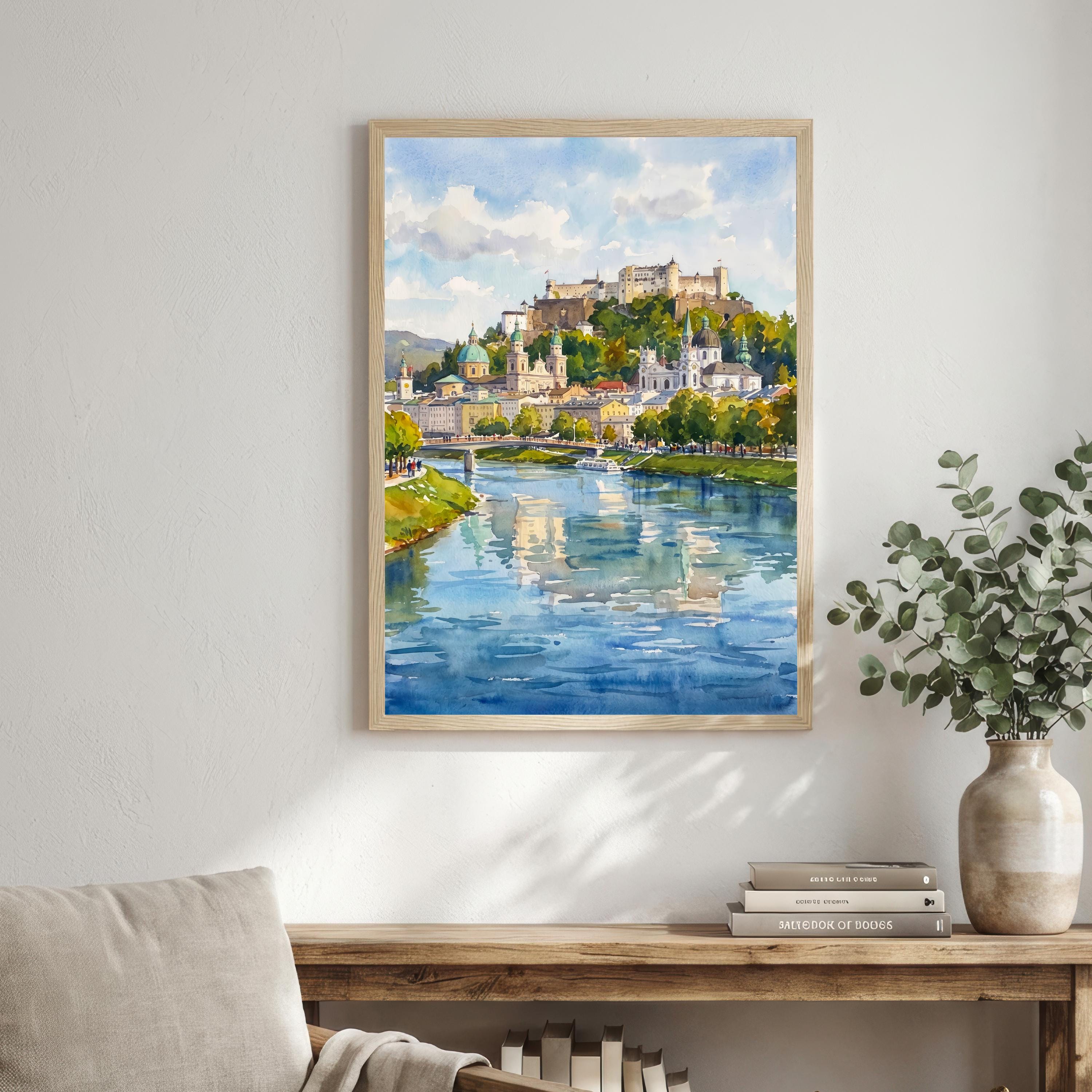 Salzburg Austria Watercolor Art Print Austrian City Wall Decor Alpine Landscape Travel Poster European Gift Home Décor