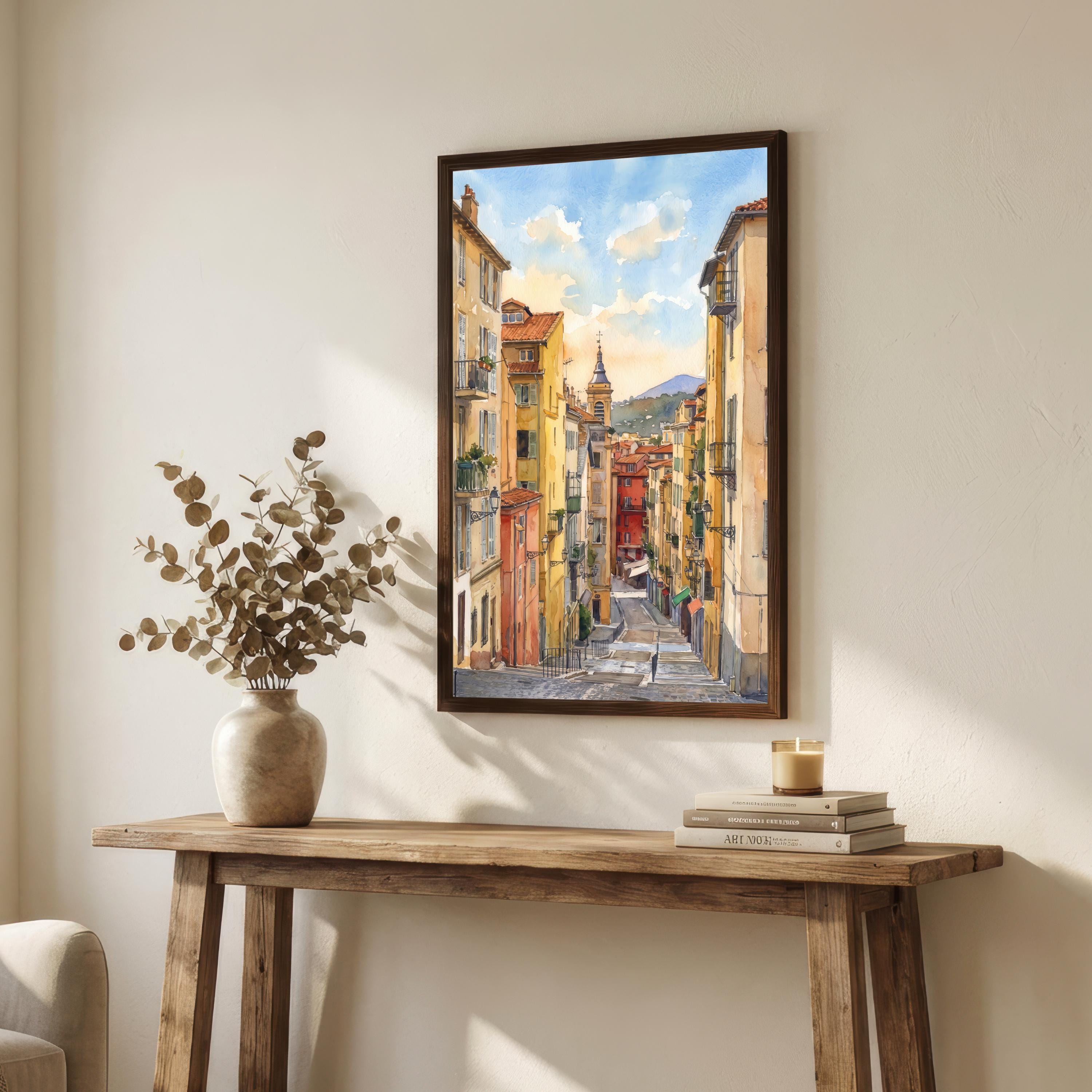 Nice France Watercolor Art Print French Riviera Wall Decor Mediterranean Coastal Landscape Travel Poster European Gift Home Décor