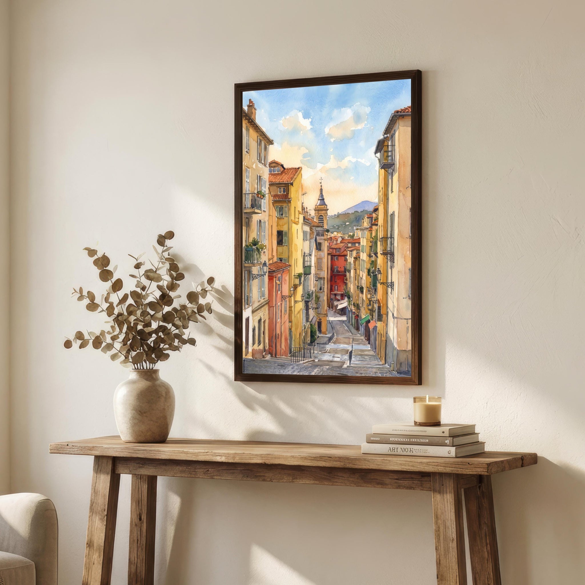 Nice France Watercolor Art Print French Riviera Wall Decor Mediterranean Coastal Landscape Travel Poster European Gift Home Décor