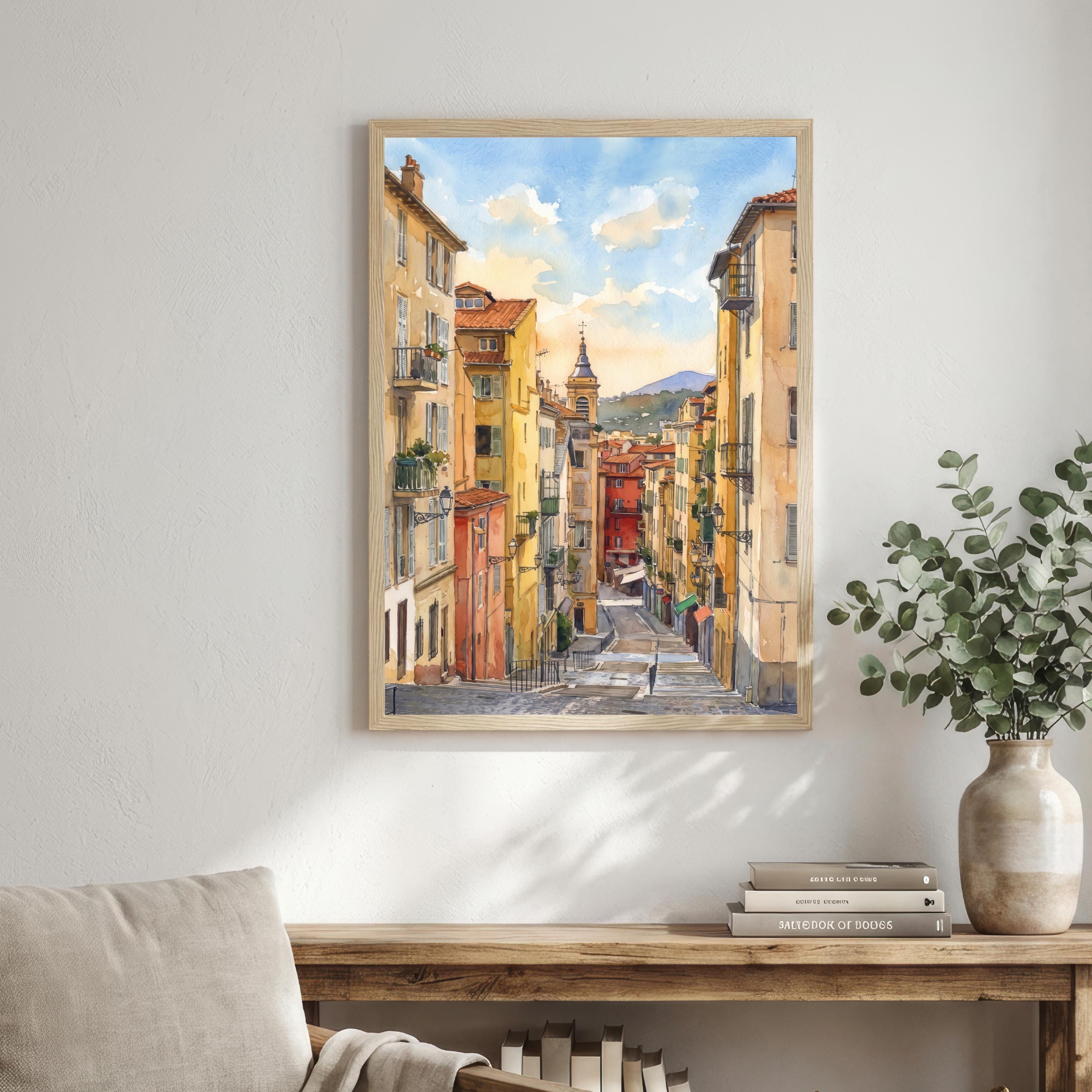 Nice France Watercolor Art Print French Riviera Wall Decor Mediterranean Coastal Landscape Travel Poster European Gift Home Décor