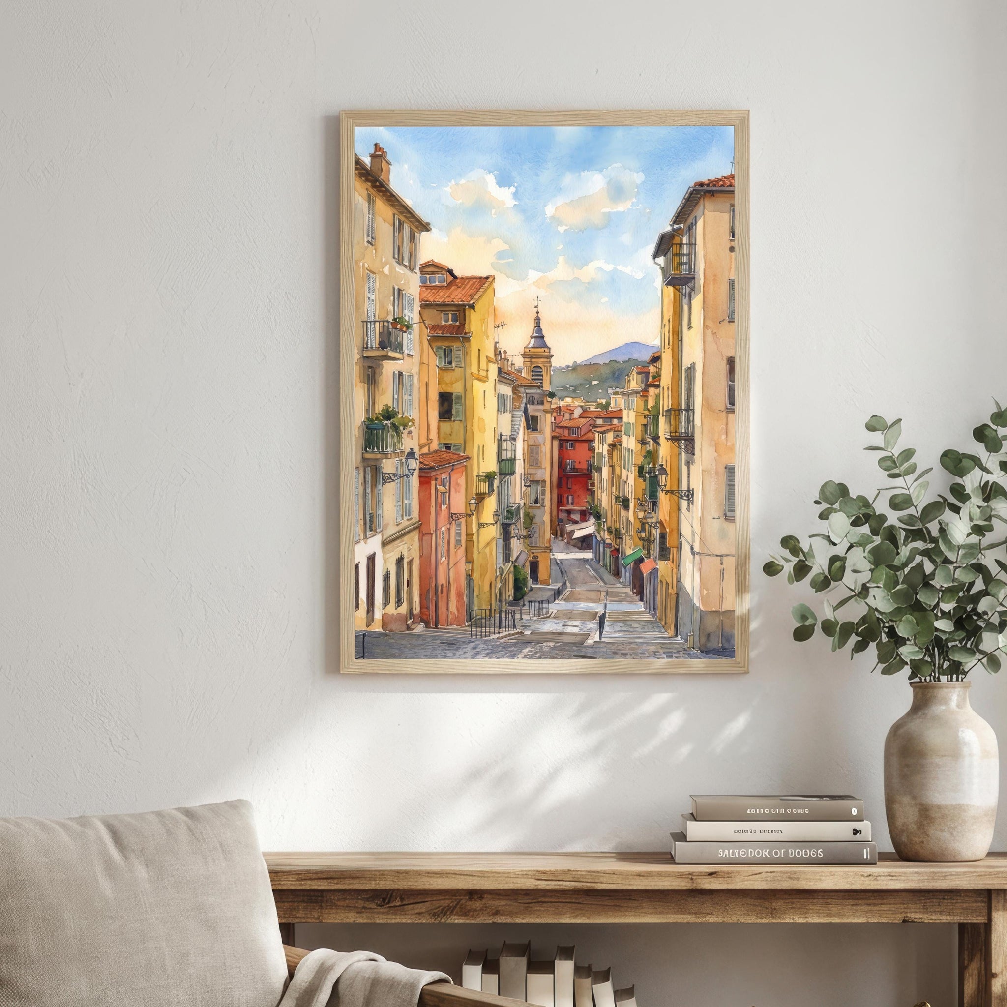 Nice France Watercolor Art Print French Riviera Wall Decor Mediterranean Coastal Landscape Travel Poster European Gift Home Décor