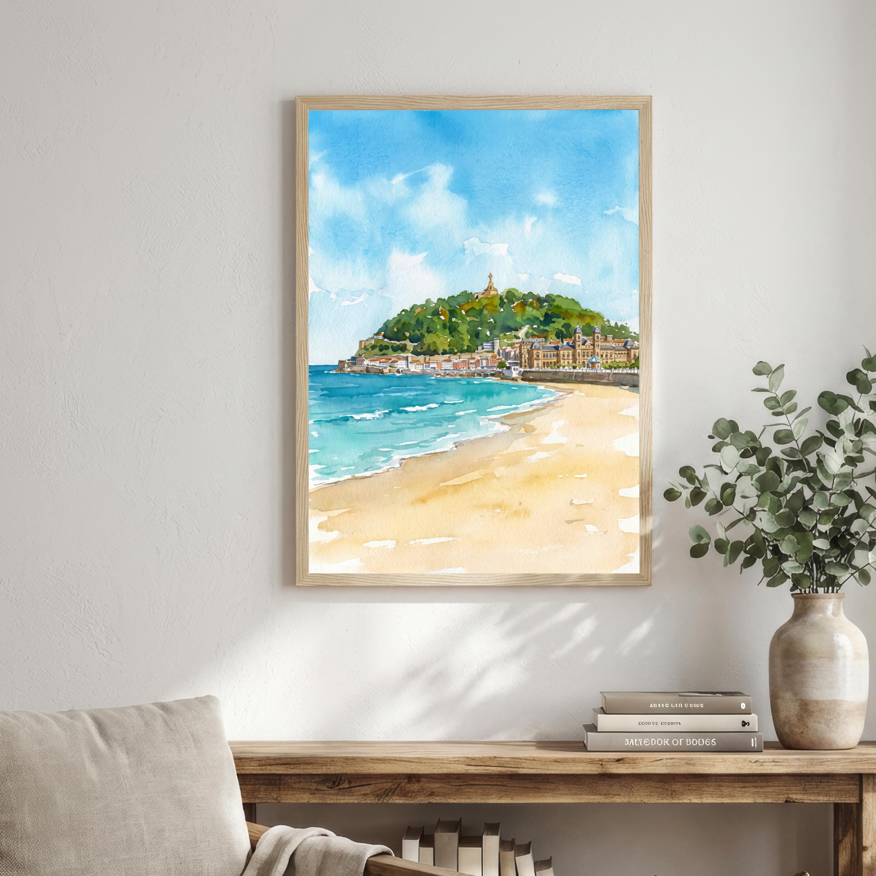 San Sebastian Spain Watercolor Art Print Basque Coast Wall Decor Beach Landscape Travel Poster European Gift Home Décor