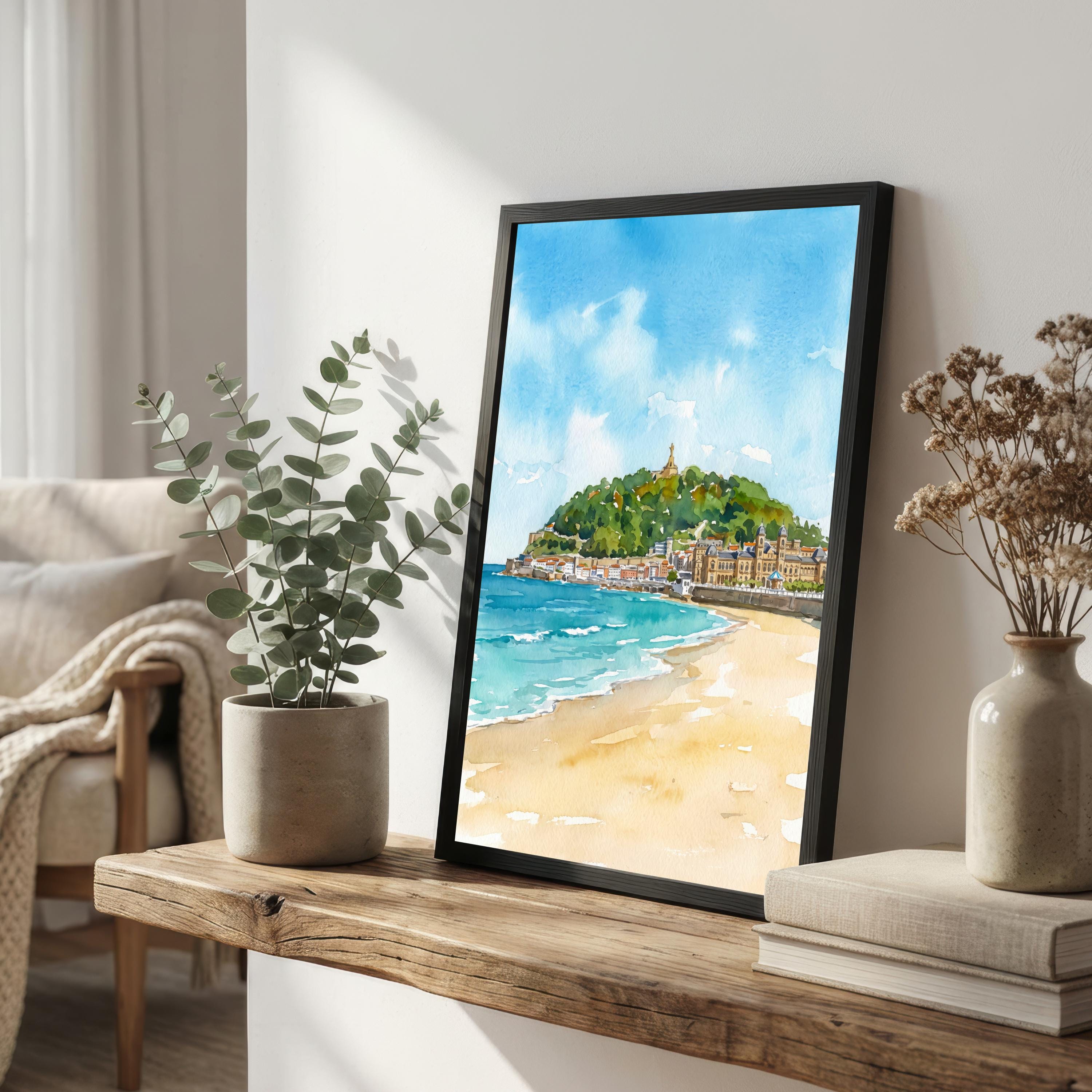 San Sebastian Spain Watercolor Art Print Basque Coast Wall Decor Beach Landscape Travel Poster European Gift Home Décor