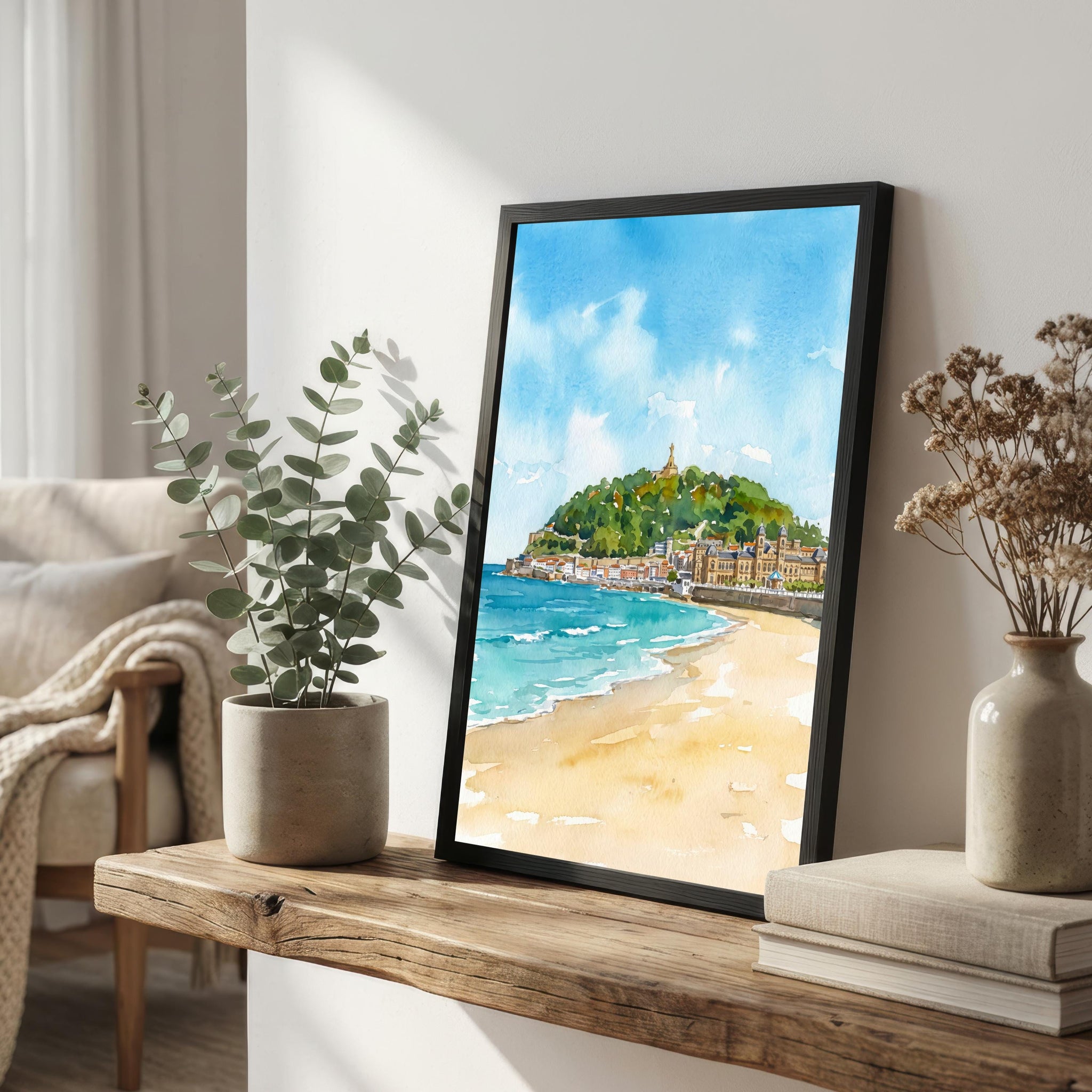 San Sebastian Spain Watercolor Art Print Basque Coast Wall Decor Beach Landscape Travel Poster European Gift Home Décor