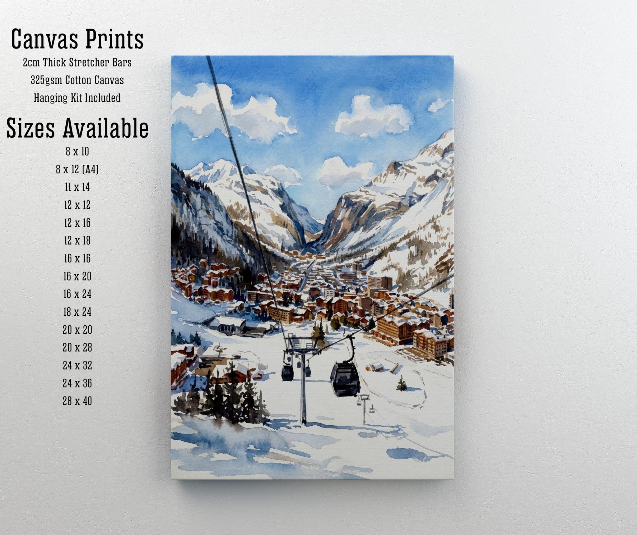 Val d'Isere France Watercolor Art Print French Alps Ski Resort Wall Decor Mountain Landscape Skiing Gift Travel Poster Home Décor