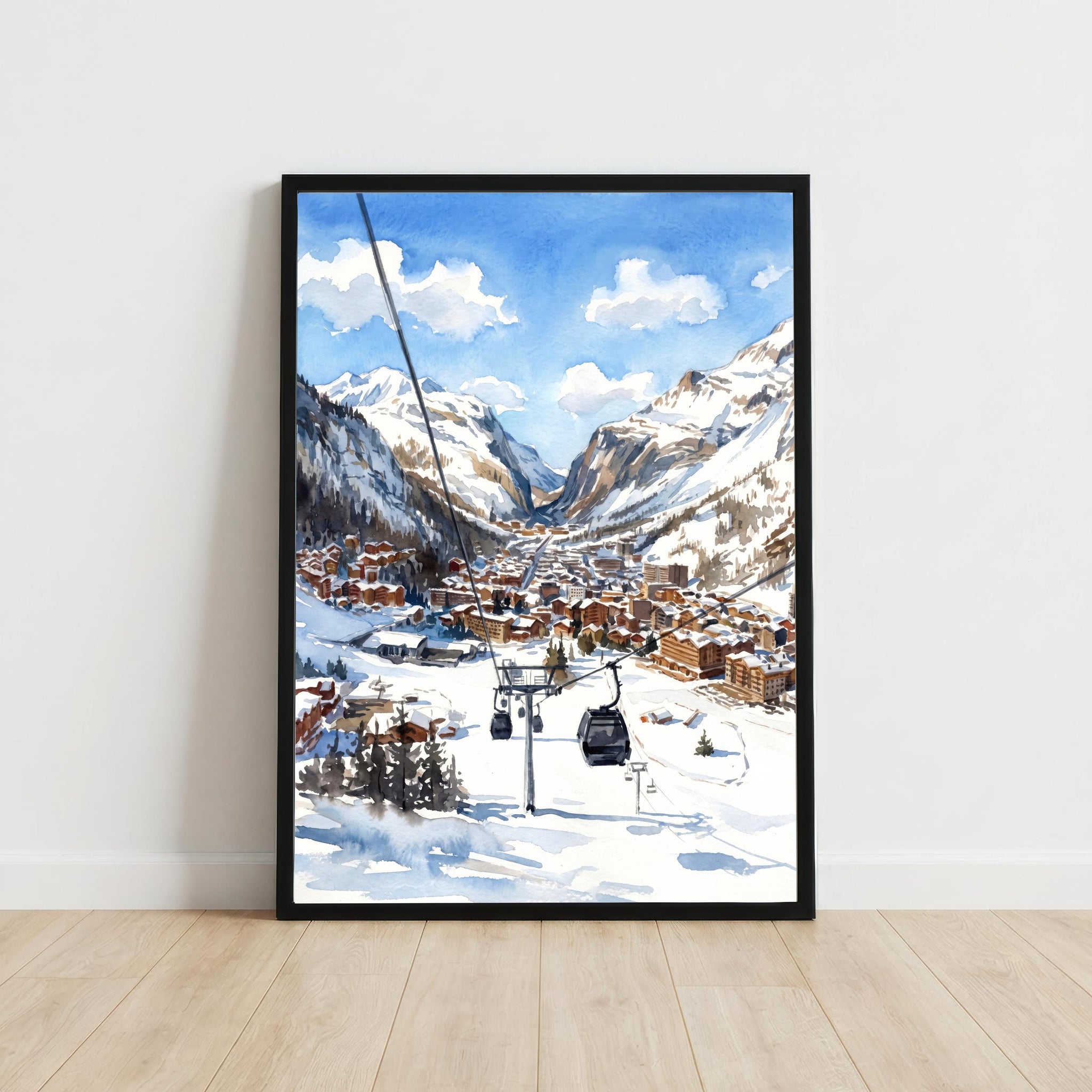 Val d'Isere France Watercolor Art Print French Alps Ski Resort Wall Decor Mountain Landscape Skiing Gift Travel Poster Home Décor