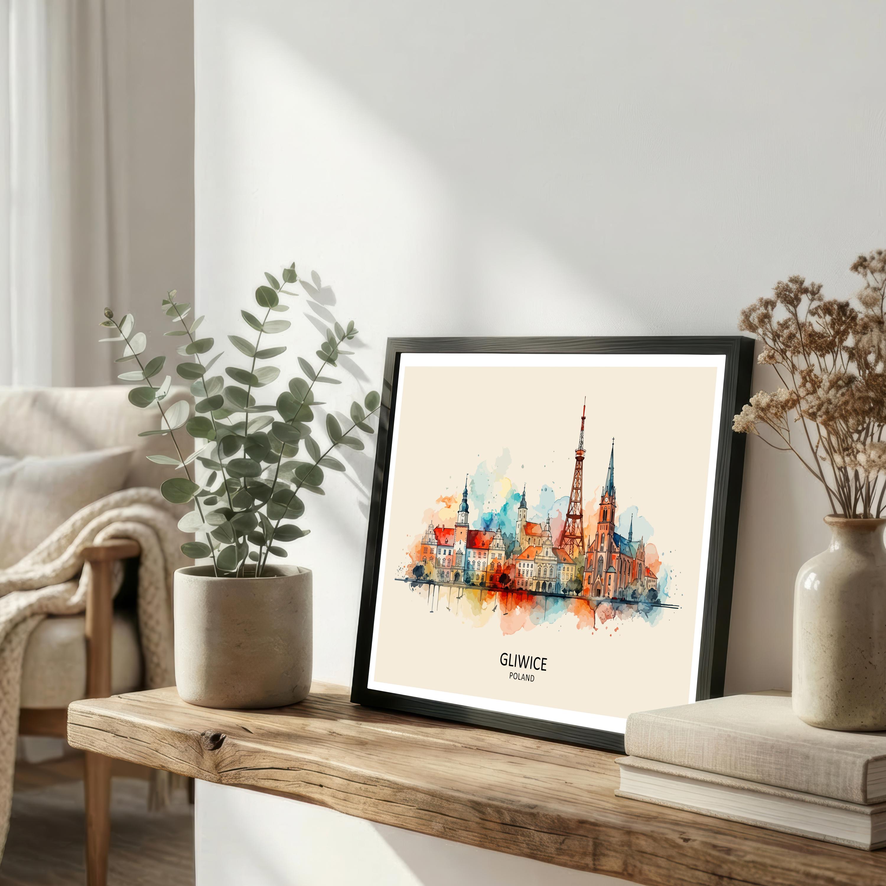 Gliwice Skyline Poland Print Modern Cityscape Art Polish Capital Poster Urban Landscape Wall Decor Historical Monuments Illustration
