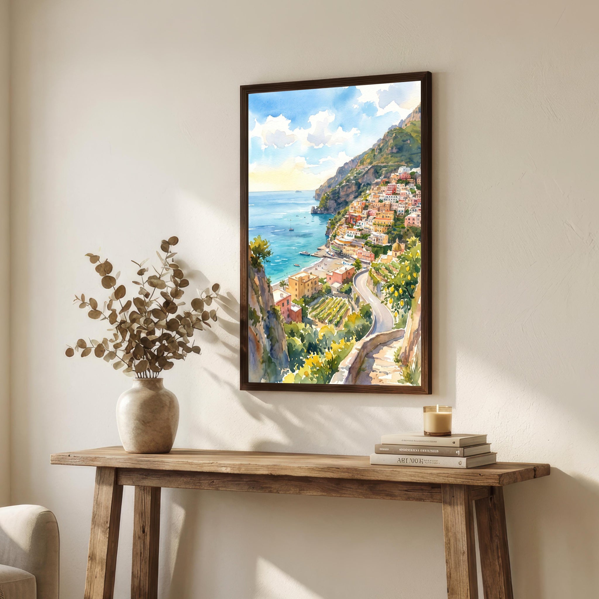 Amalfi Coast Watercolor Art Print Italian Coastal Wall Decor Mediterranean Landscape Poster Italy Travel Gift Home Décor