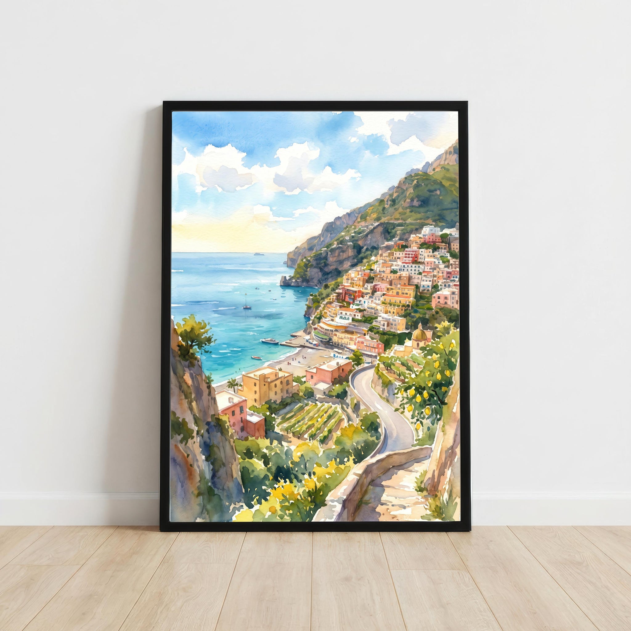 Amalfi Coast Watercolor Art Print Italian Coastal Wall Decor Mediterranean Landscape Poster Italy Travel Gift Home Décor