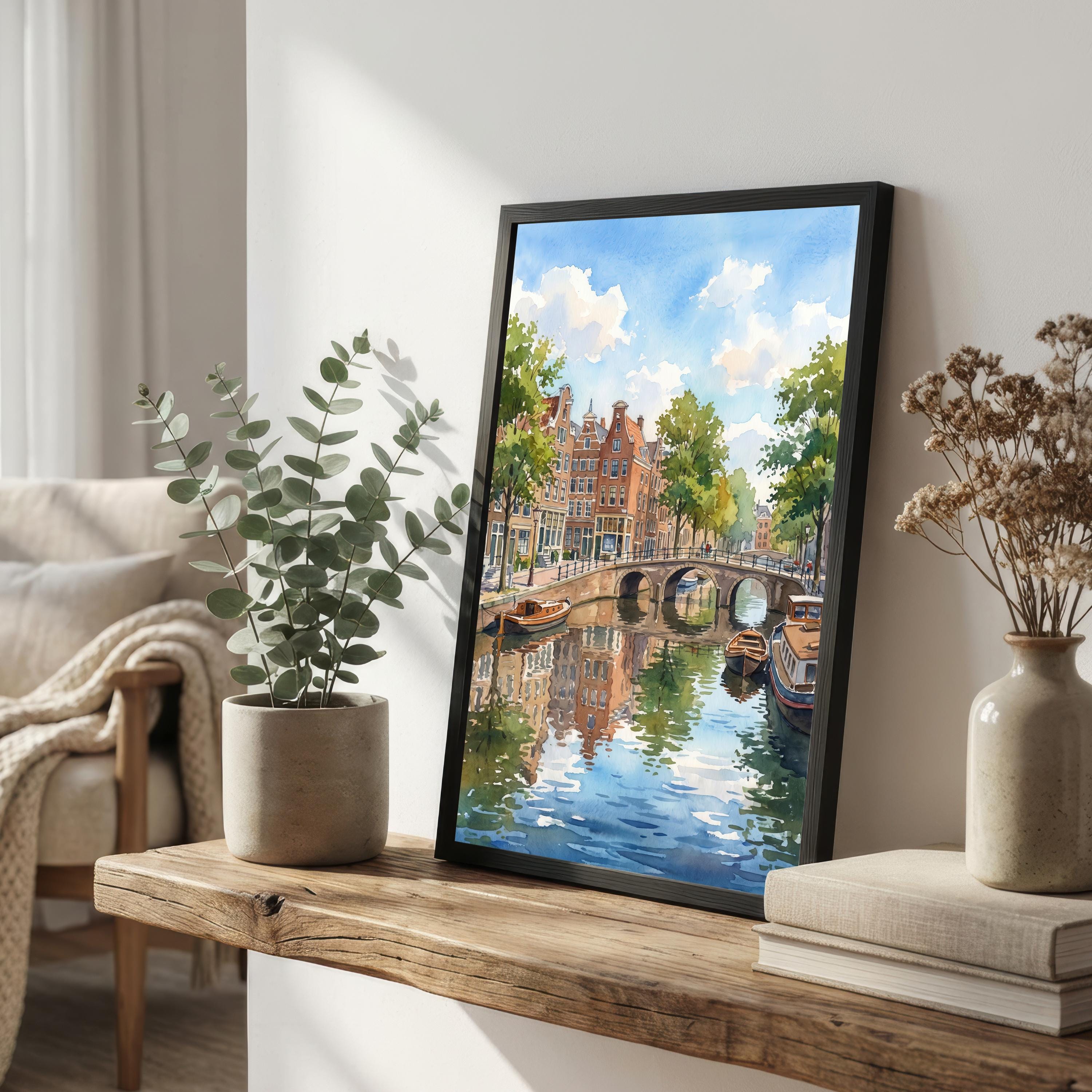 Amsterdam Netherlands Watercolor Art Print Dutch City Wall Decor Canal Landscape Travel Poster Holland Gift Home Décor