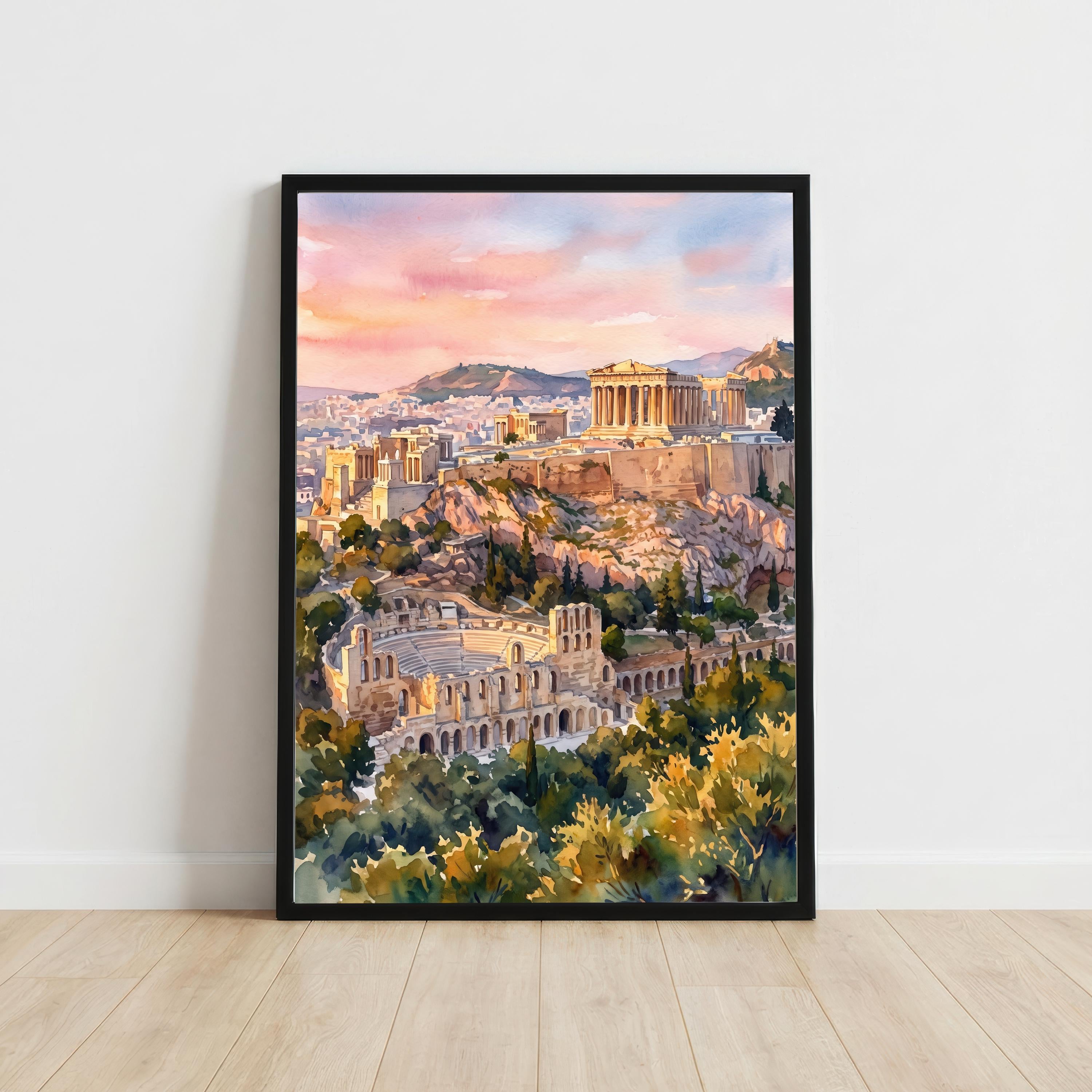 Athens Greece Watercolor Art Print Greek City Wall Decor Acropolis Landscape Travel Poster Mediterranean Gift Home Décor