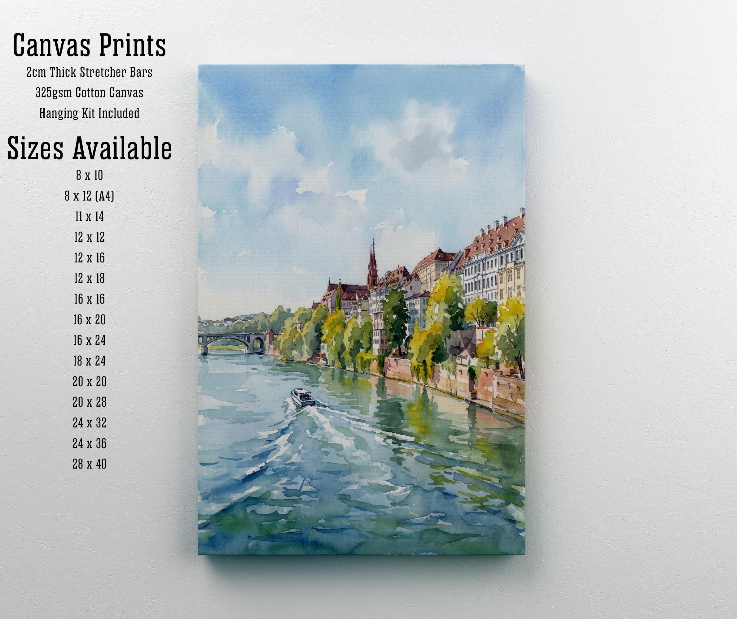 Basel Switzerland Watercolor Art Print Swiss City Wall Decor Rhine River Landscape Travel Poster European Gift Home Décor