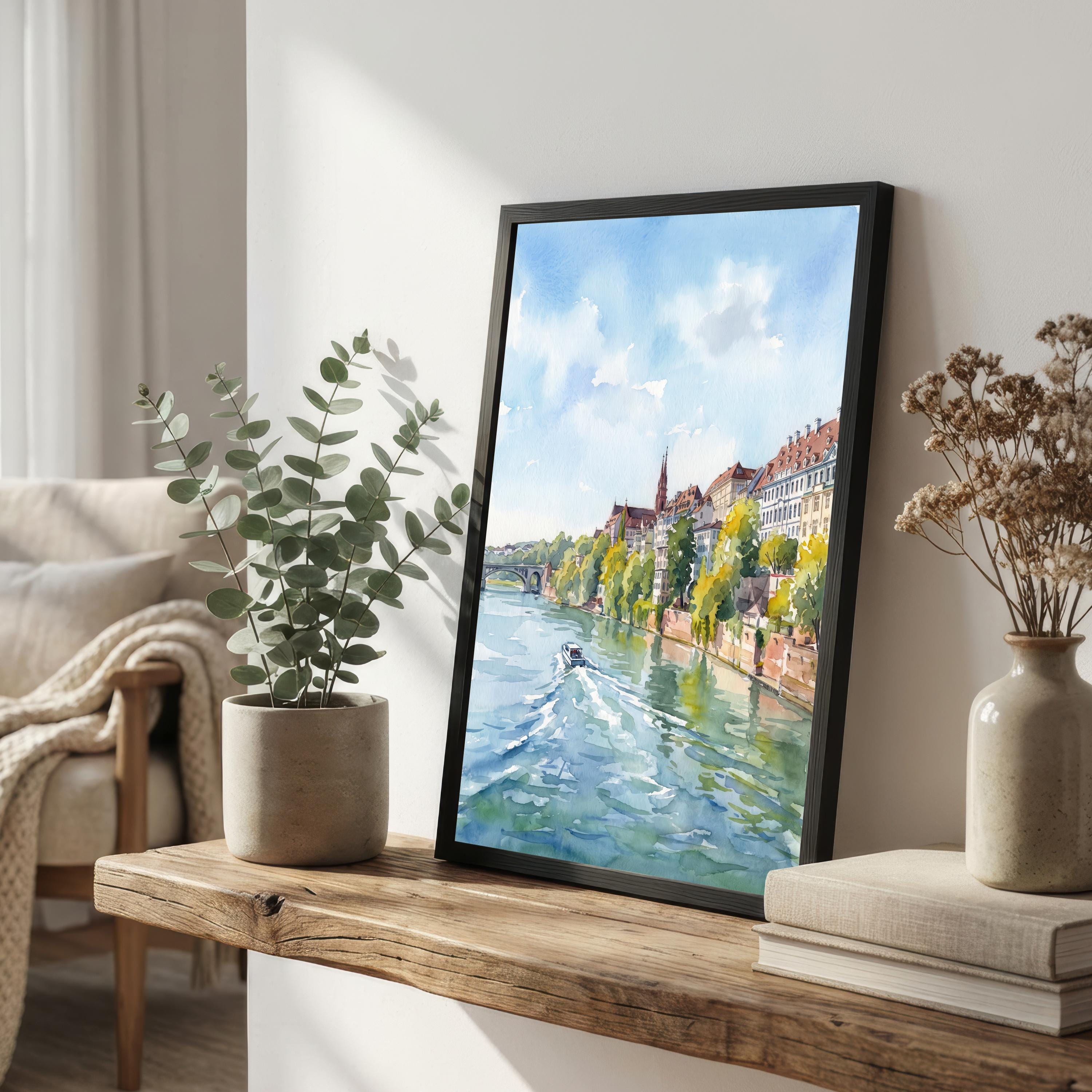 Basel Switzerland Watercolor Art Print Swiss City Wall Decor Rhine River Landscape Travel Poster European Gift Home Décor
