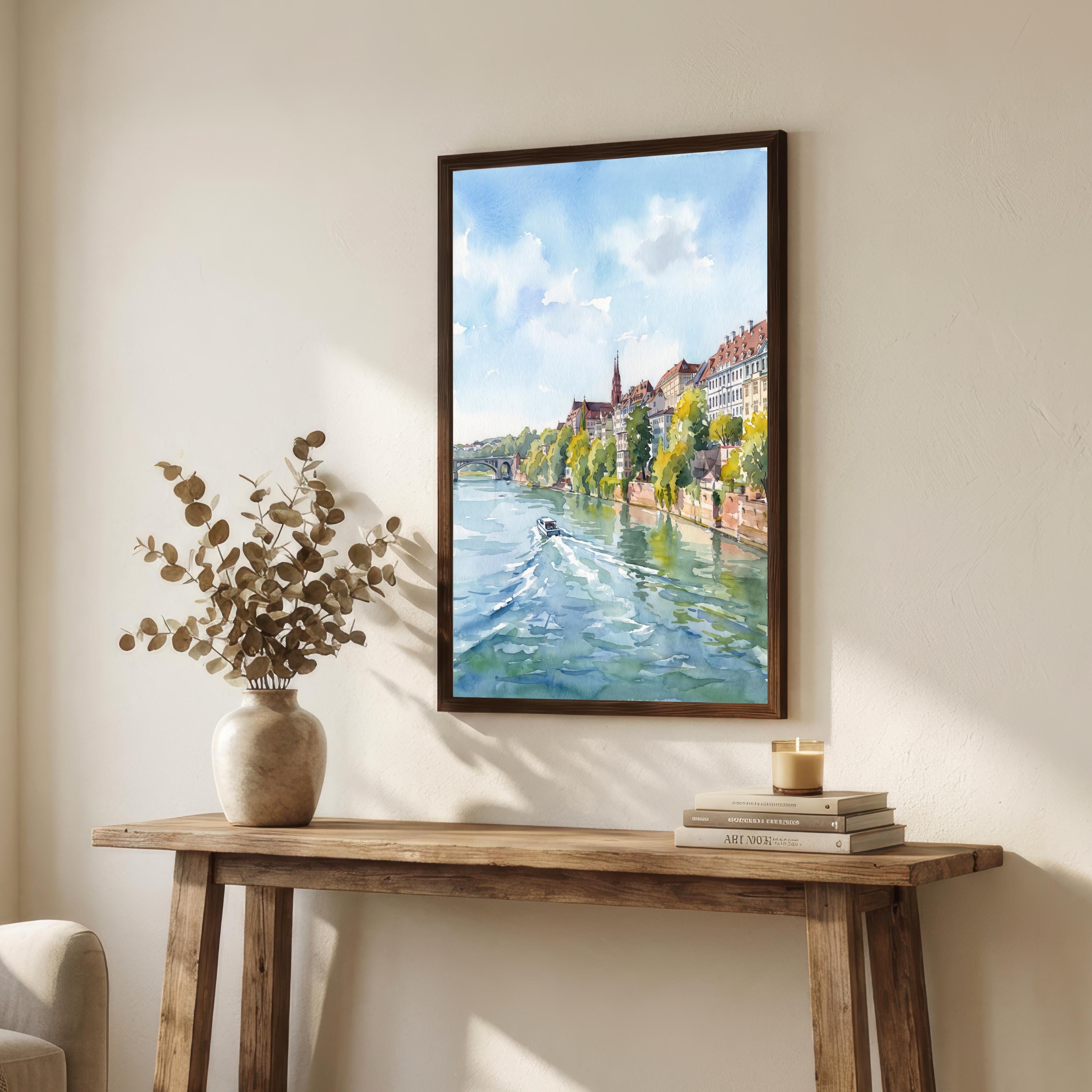 Basel Switzerland Watercolor Art Print Swiss City Wall Decor Rhine River Landscape Travel Poster European Gift Home Décor