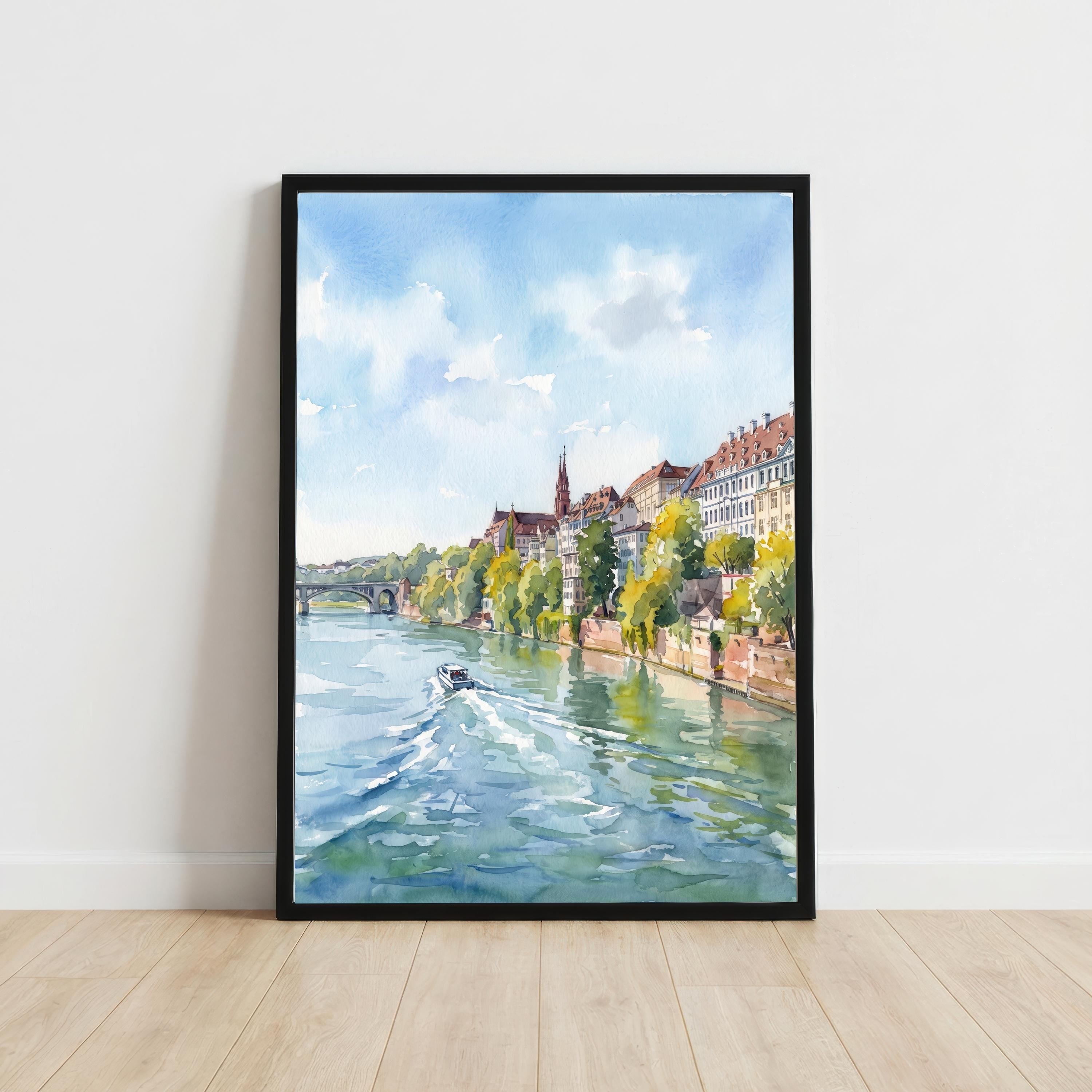 Basel Switzerland Watercolor Art Print Swiss City Wall Decor Rhine River Landscape Travel Poster European Gift Home Décor