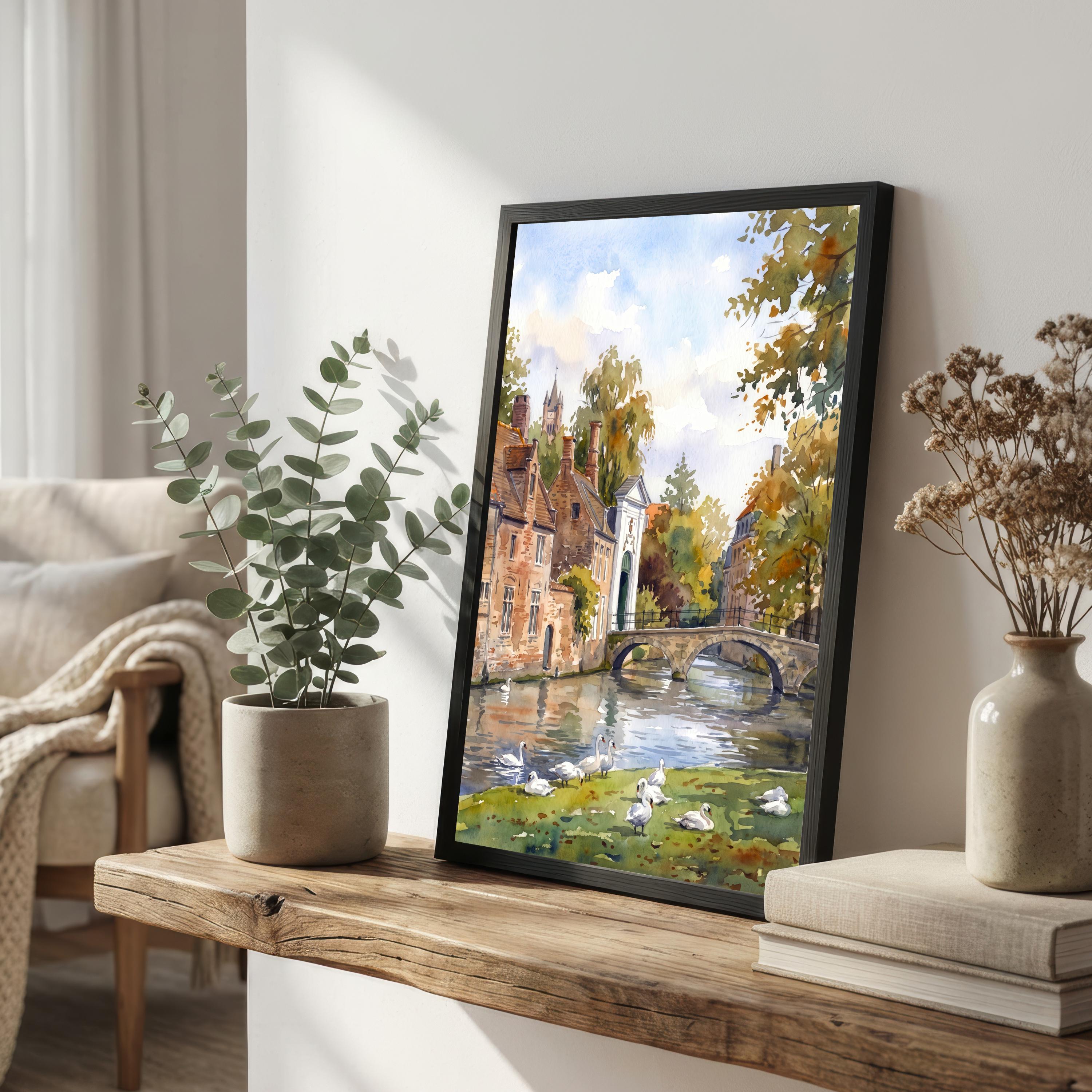 Bruges Belgium Watercolor Art Print Belgian City Wall Decor Canal Landscape Travel Poster European Gift Home Décor