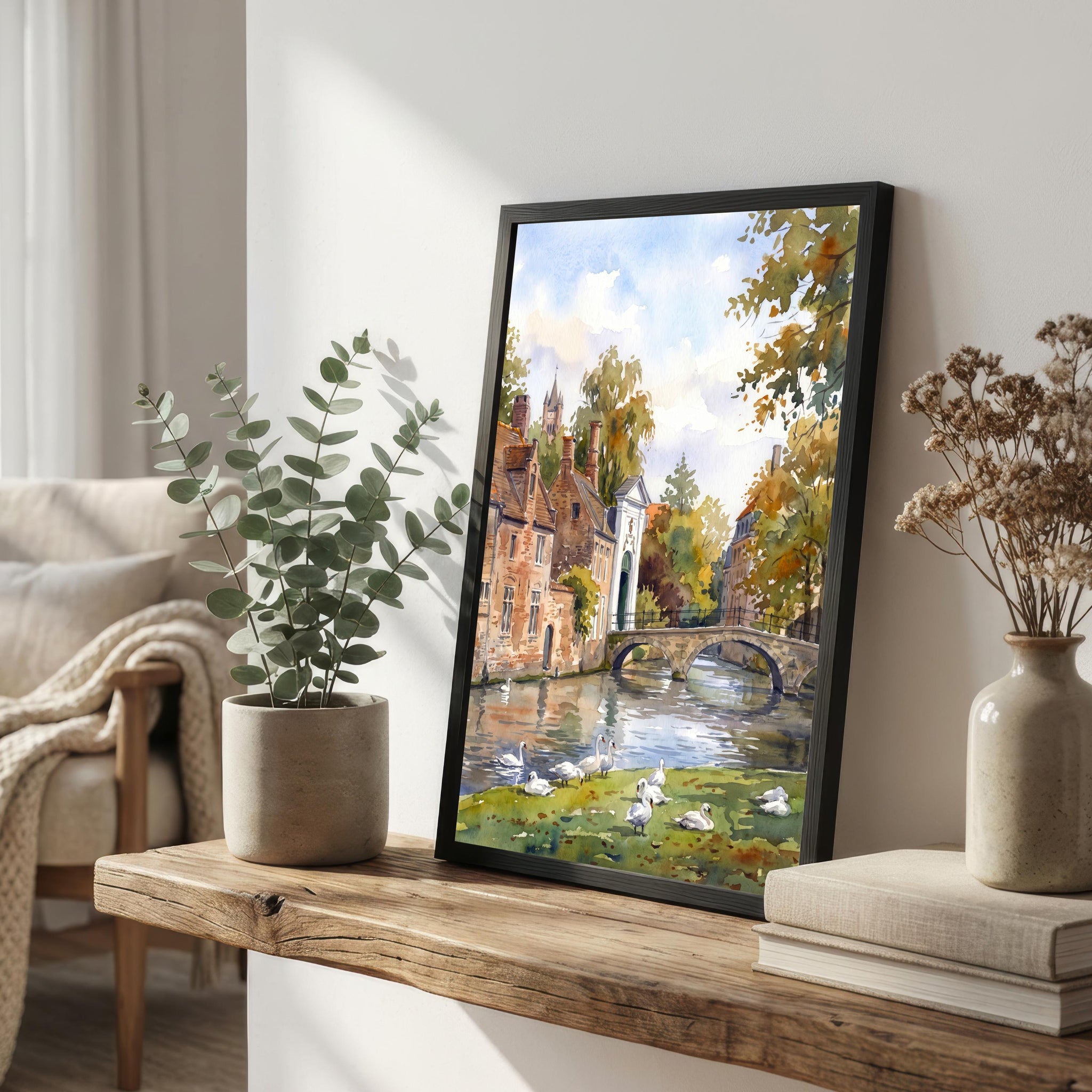 Bruges Belgium Watercolor Art Print Belgian City Wall Decor Canal Landscape Travel Poster European Gift Home Décor