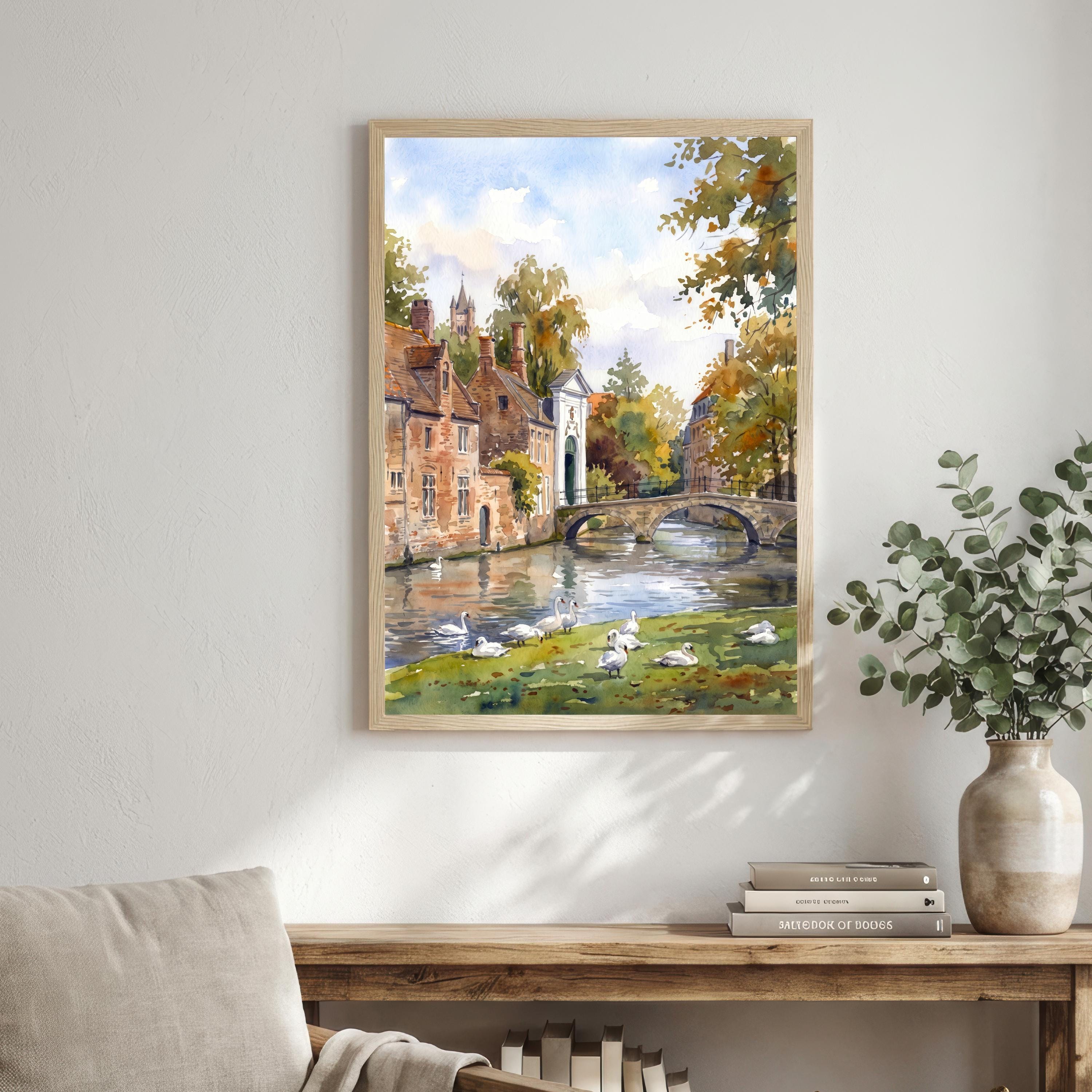 Bruges Belgium Watercolor Art Print Belgian City Wall Decor Canal Landscape Travel Poster European Gift Home Décor