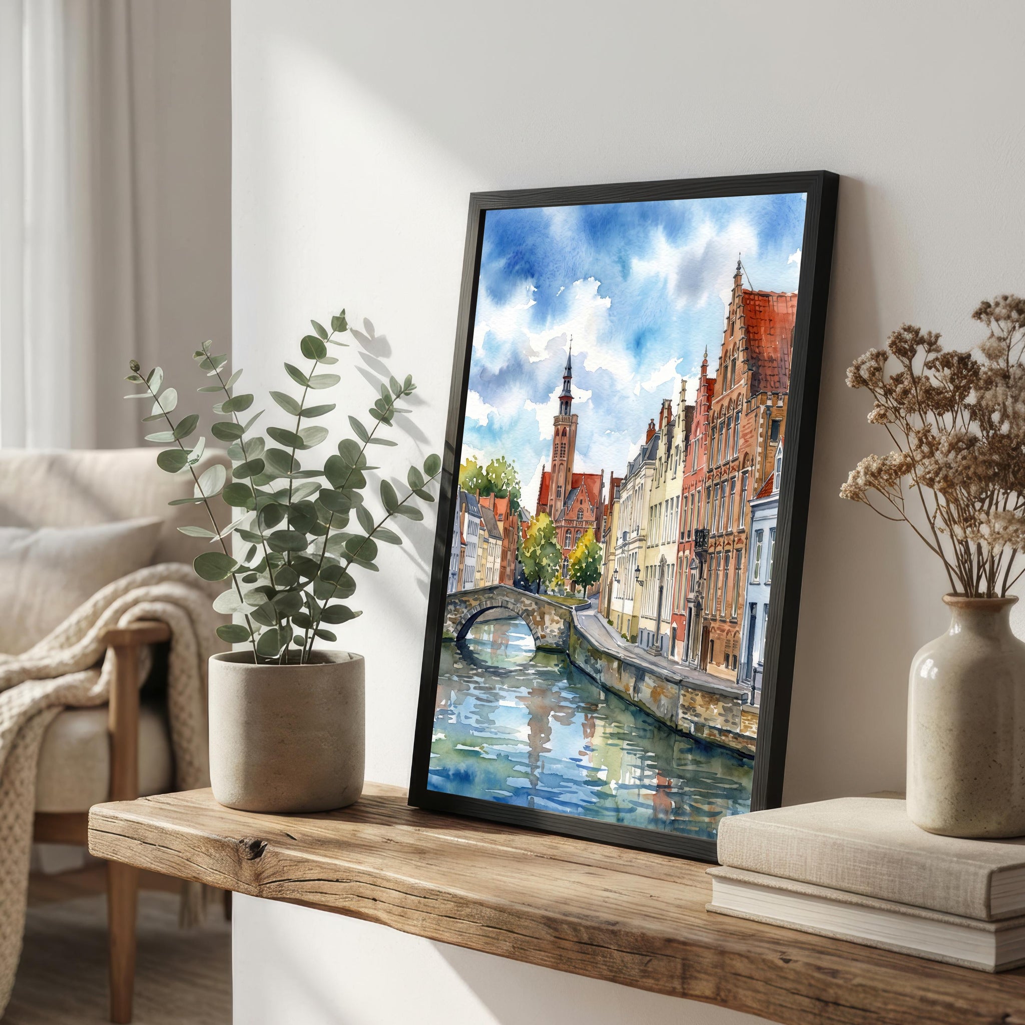 Bruges Belgium Watercolor Art Print Belgian City Wall Decor Canal Landscape Travel Poster European Gift Home Décor