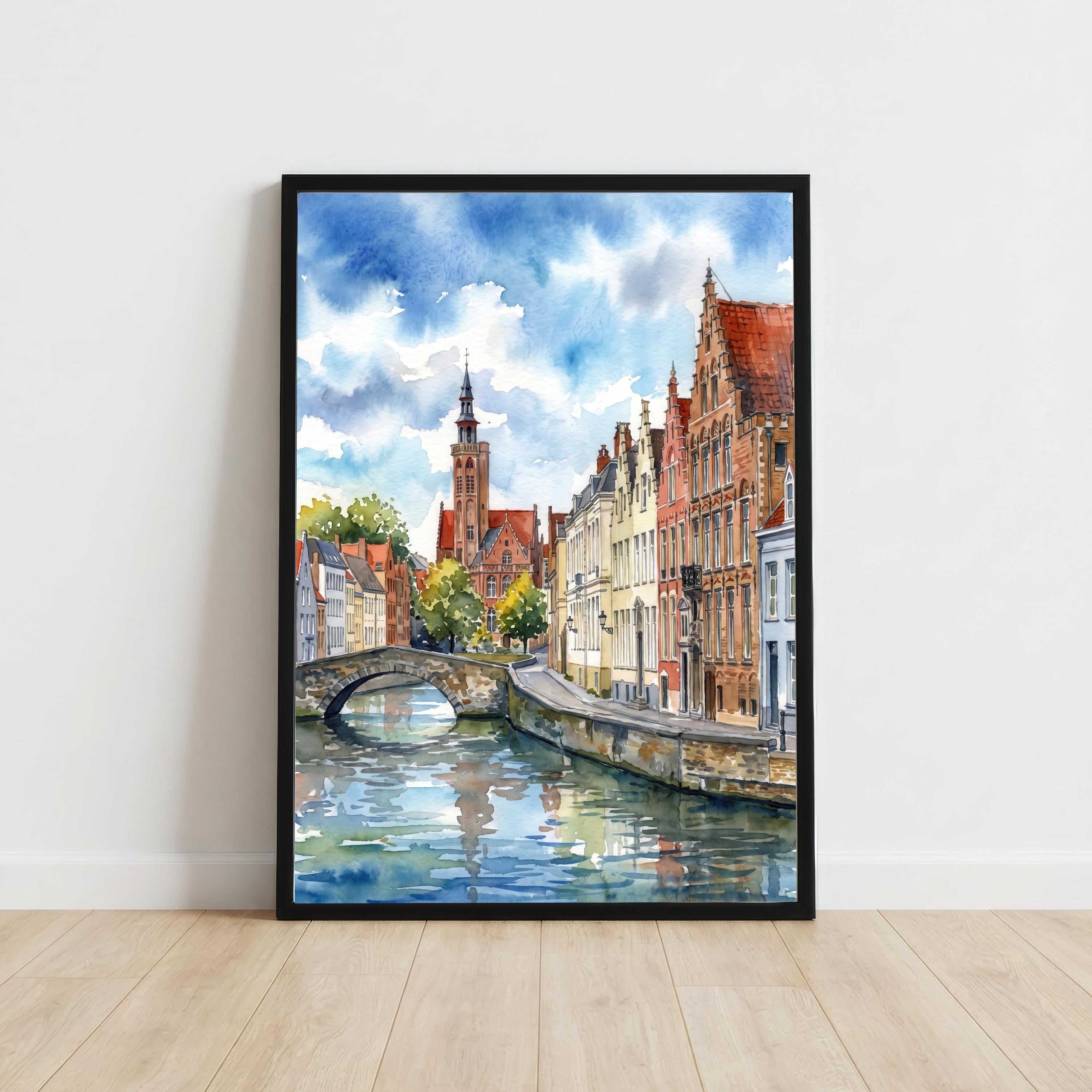 Bruges Belgium Watercolor Art Print Belgian City Wall Decor Canal Landscape Travel Poster European Gift Home Décor