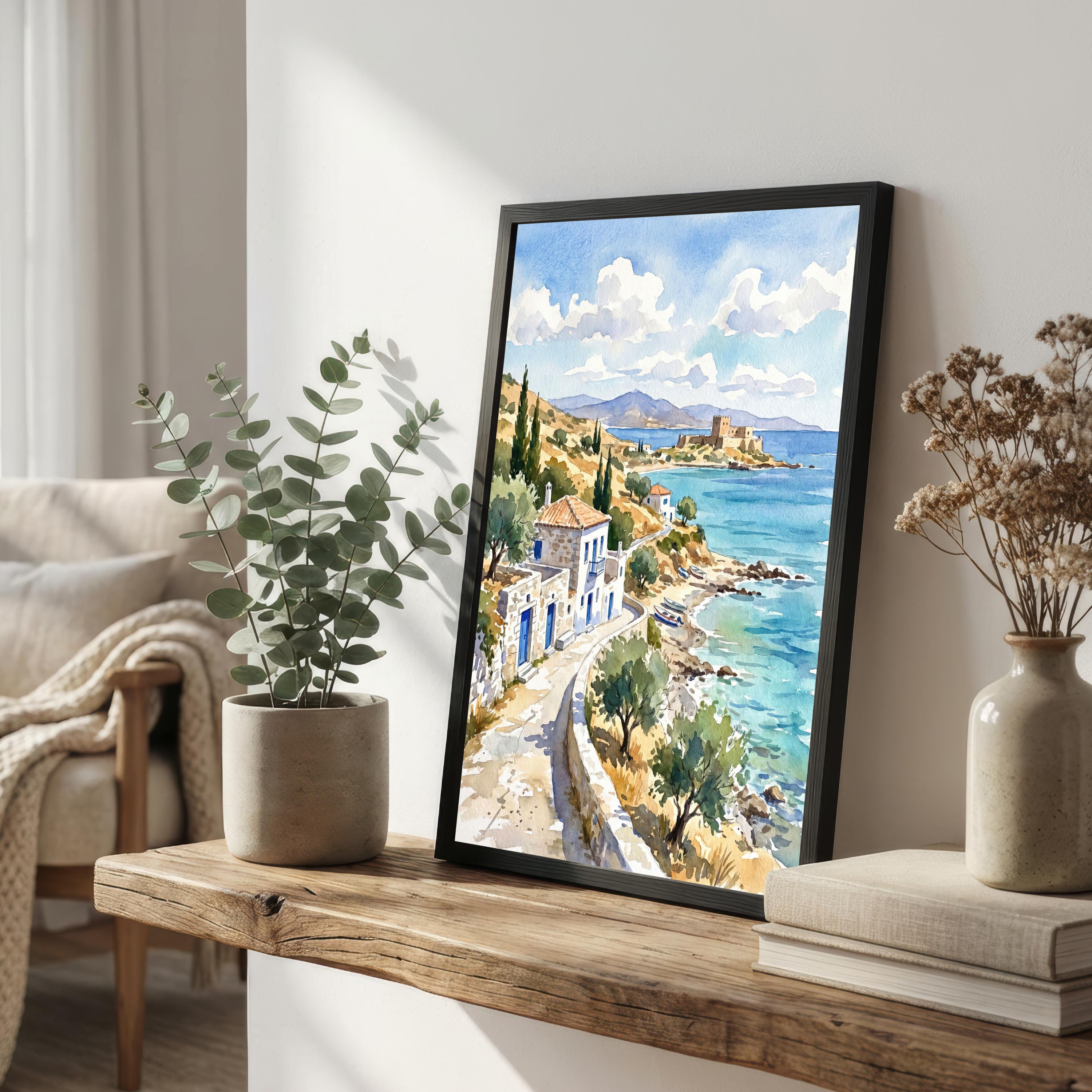 Crete Greece Watercolor Art Print Greek Island Wall Decor Mediterranean Coastal Landscape Travel Poster European Gift Home Décor