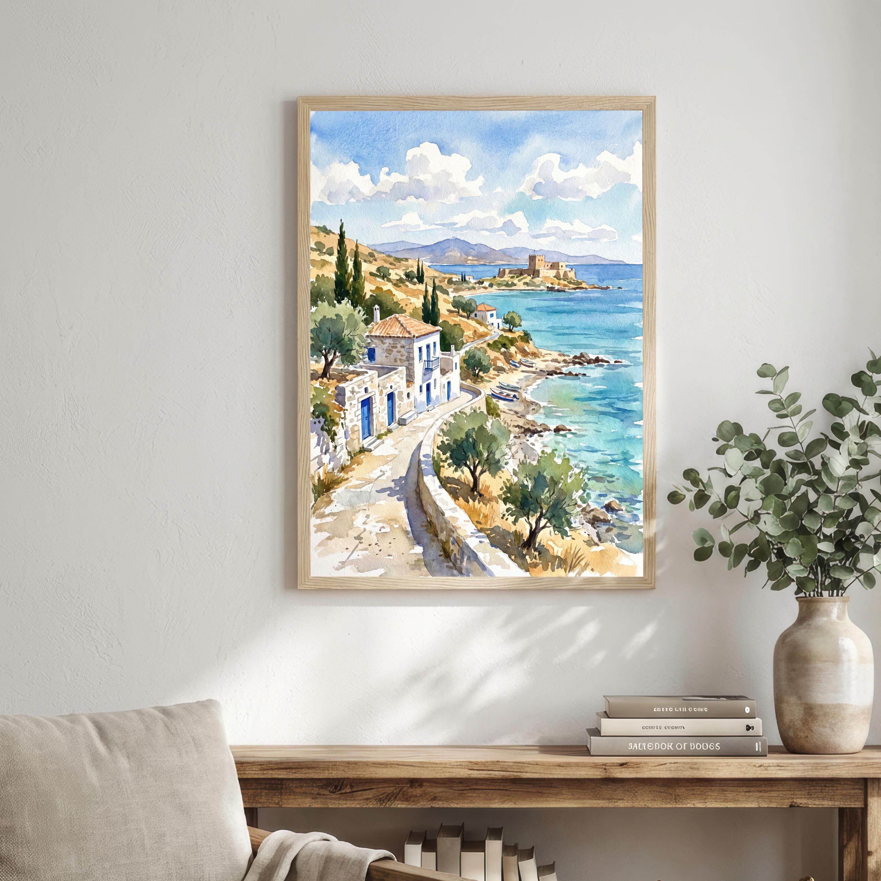 Crete Greece Watercolor Art Print Greek Island Wall Decor Mediterranean Coastal Landscape Travel Poster European Gift Home Décor
