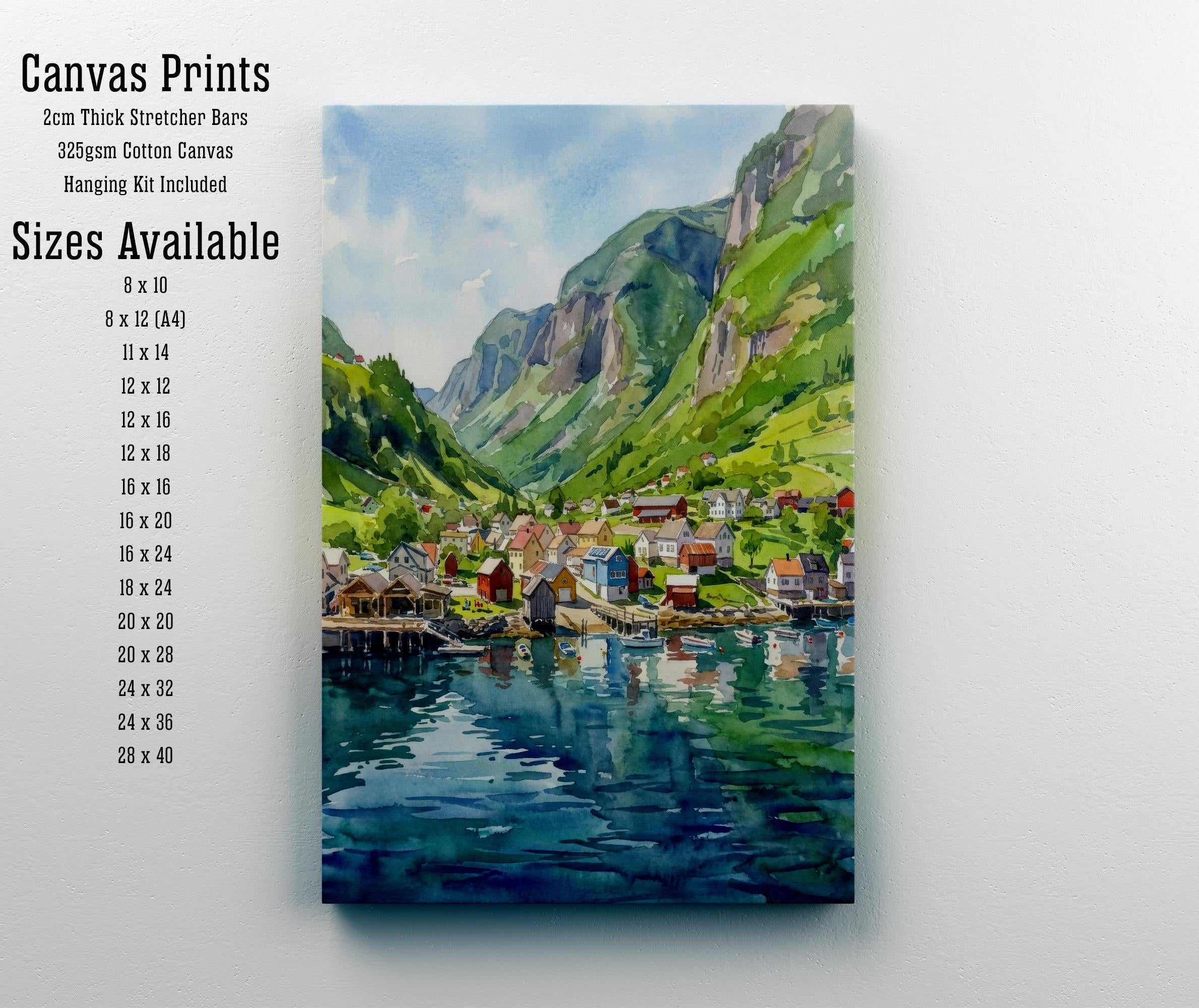 Flam Norway Watercolor Art Print Norwegian Fjord Wall Decor Scenic Mountain Landscape Travel Poster European Gift Home Décor
