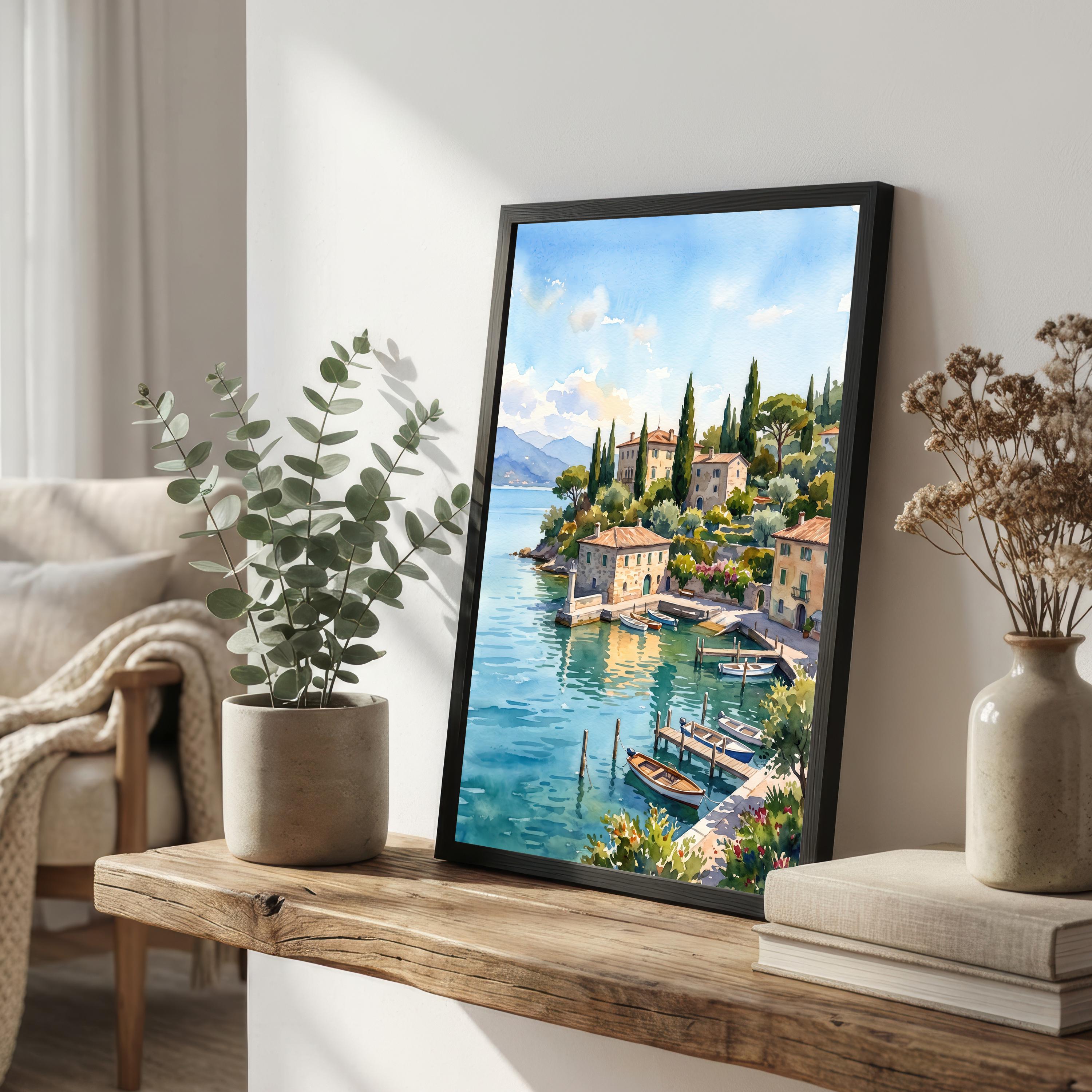Lake Garda Italy Watercolor Art Print Italian Lake Wall Decor Mountain Landscape Travel Poster European Gift Home Décor