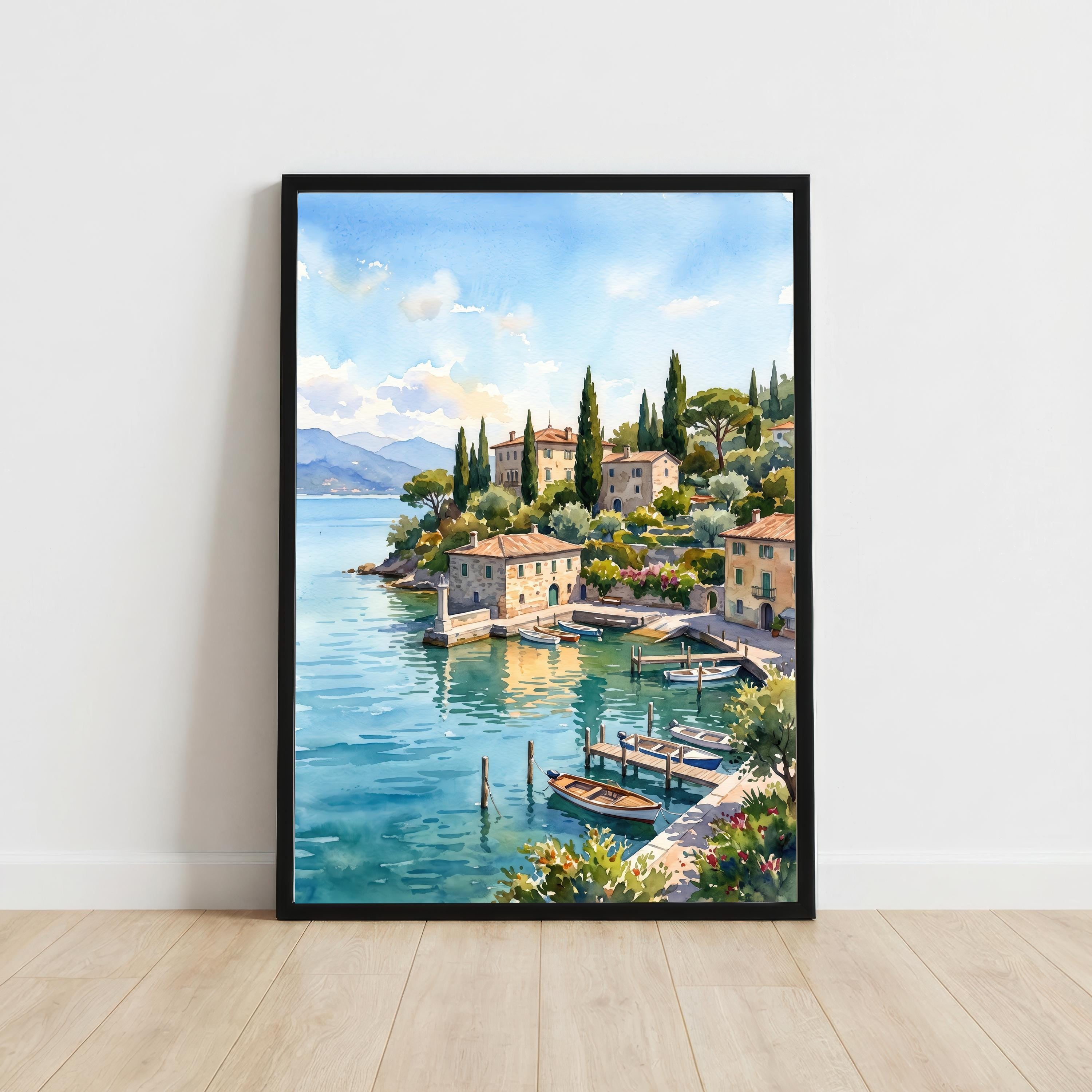 Lake Garda Italy Watercolor Art Print Italian Lake Wall Decor Mountain Landscape Travel Poster European Gift Home Décor