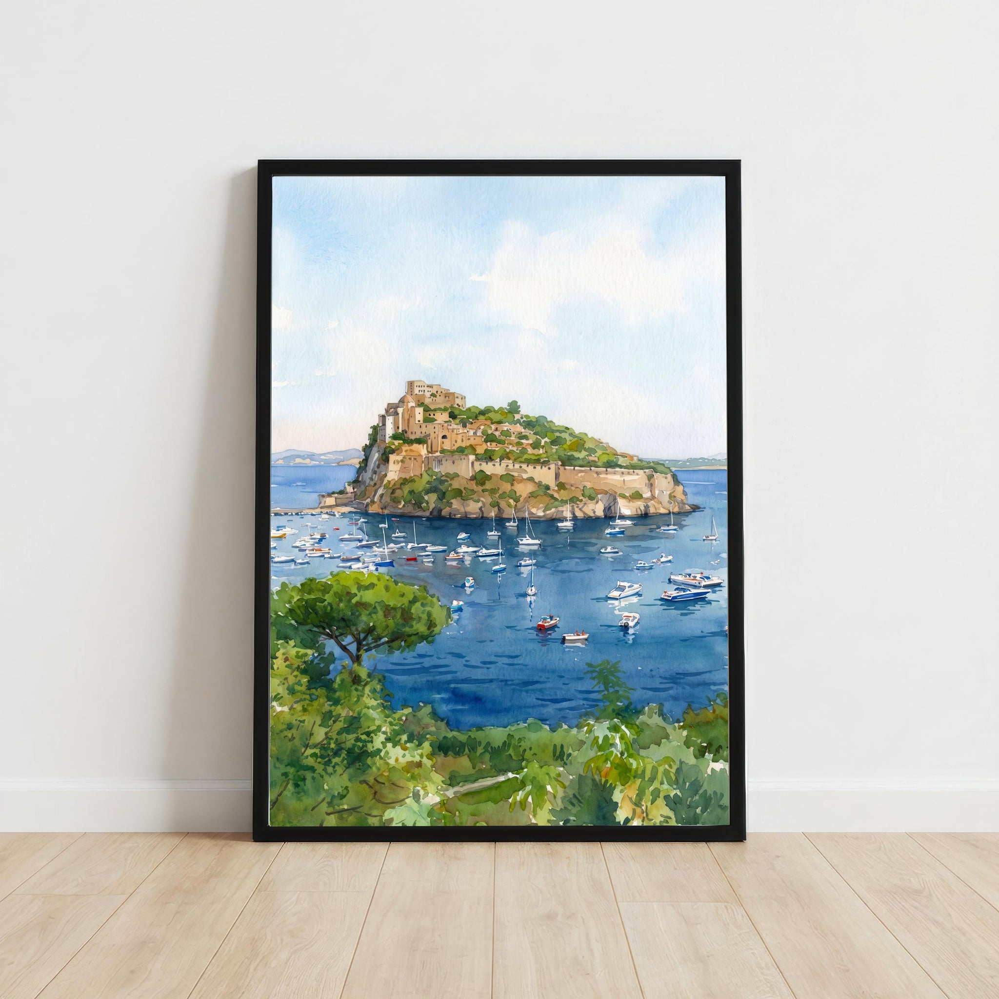 Ischia Italy Watercolor Art Print Italian Island Wall Decor Mediterranean Coastal Landscape Travel Poster European Gift Home Décor