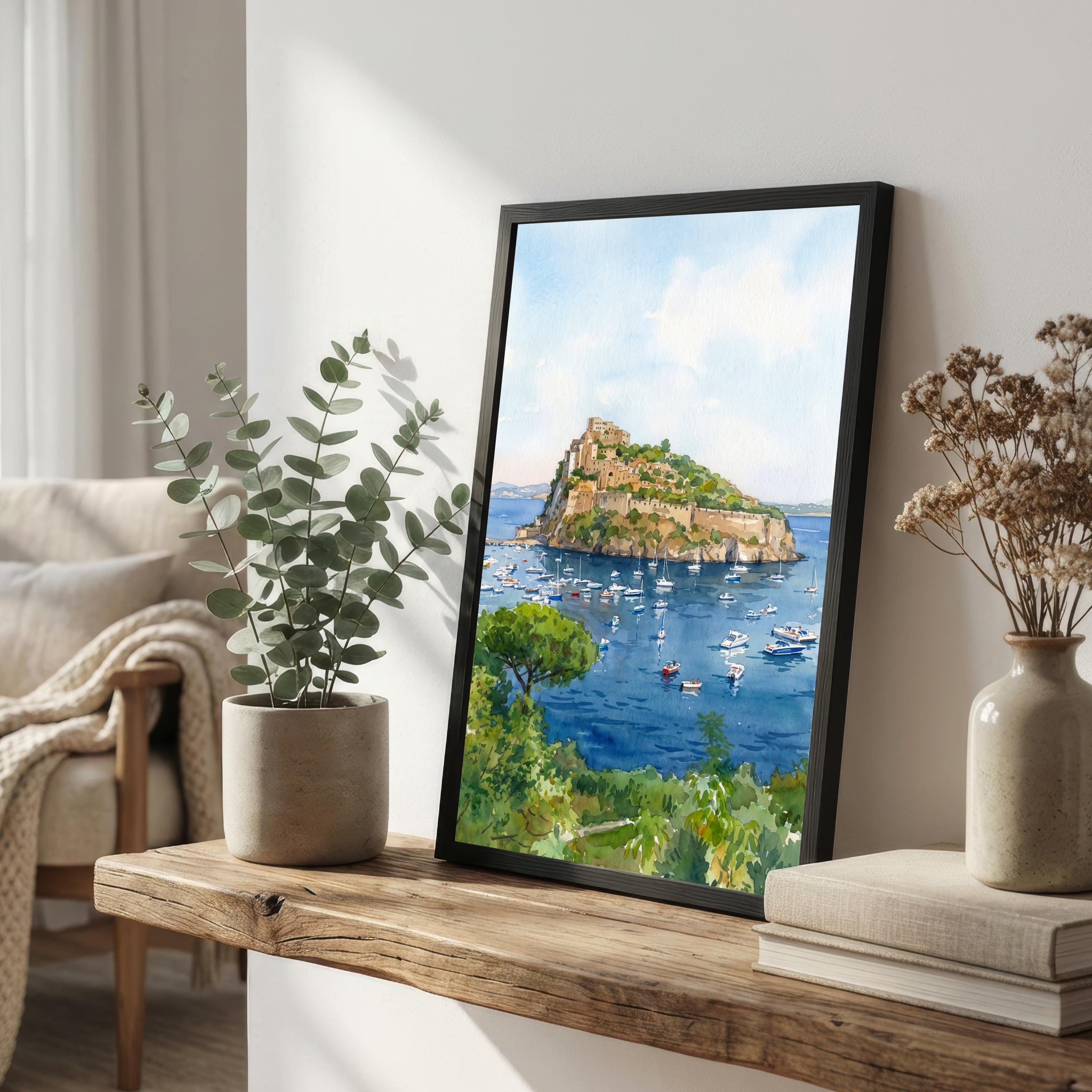 Ischia Italy Watercolor Art Print Italian Island Wall Decor Mediterranean Coastal Landscape Travel Poster European Gift Home Décor
