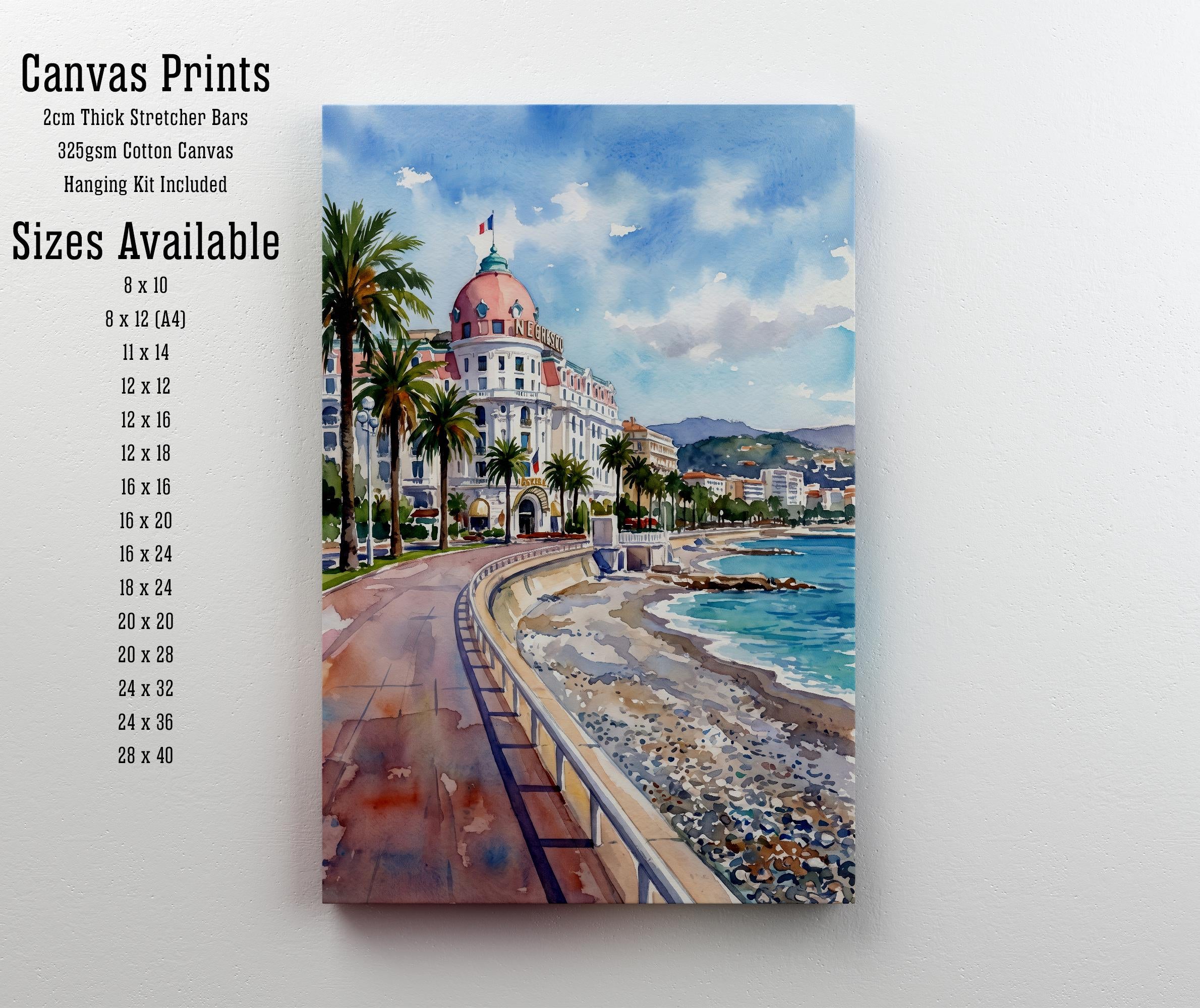 Nice France Watercolor Art Print French Riviera Wall Decor Mediterranean Coastal Landscape Travel Poster European Gift Home Décor