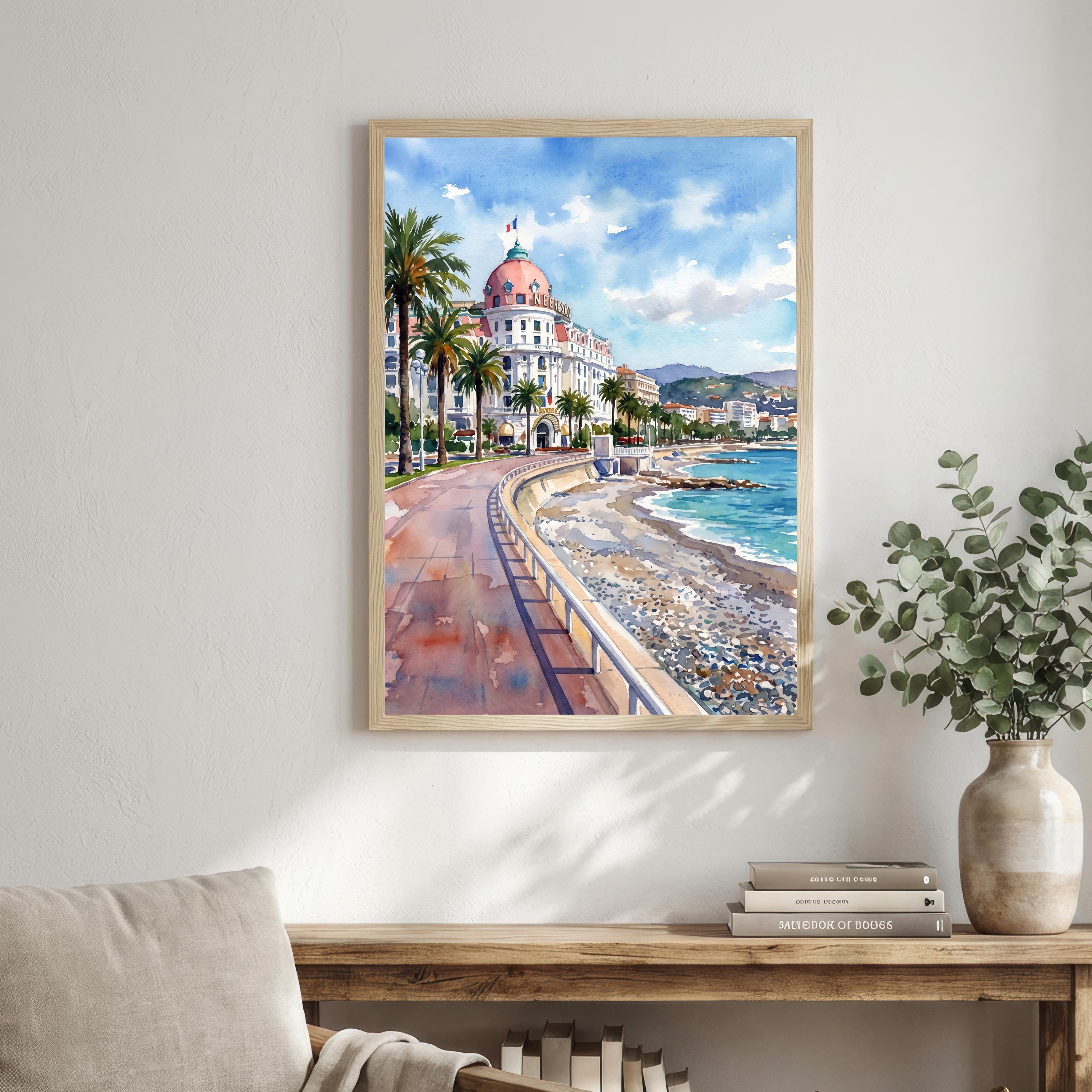 Nice France Watercolor Art Print French Riviera Wall Decor Mediterranean Coastal Landscape Travel Poster European Gift Home Décor