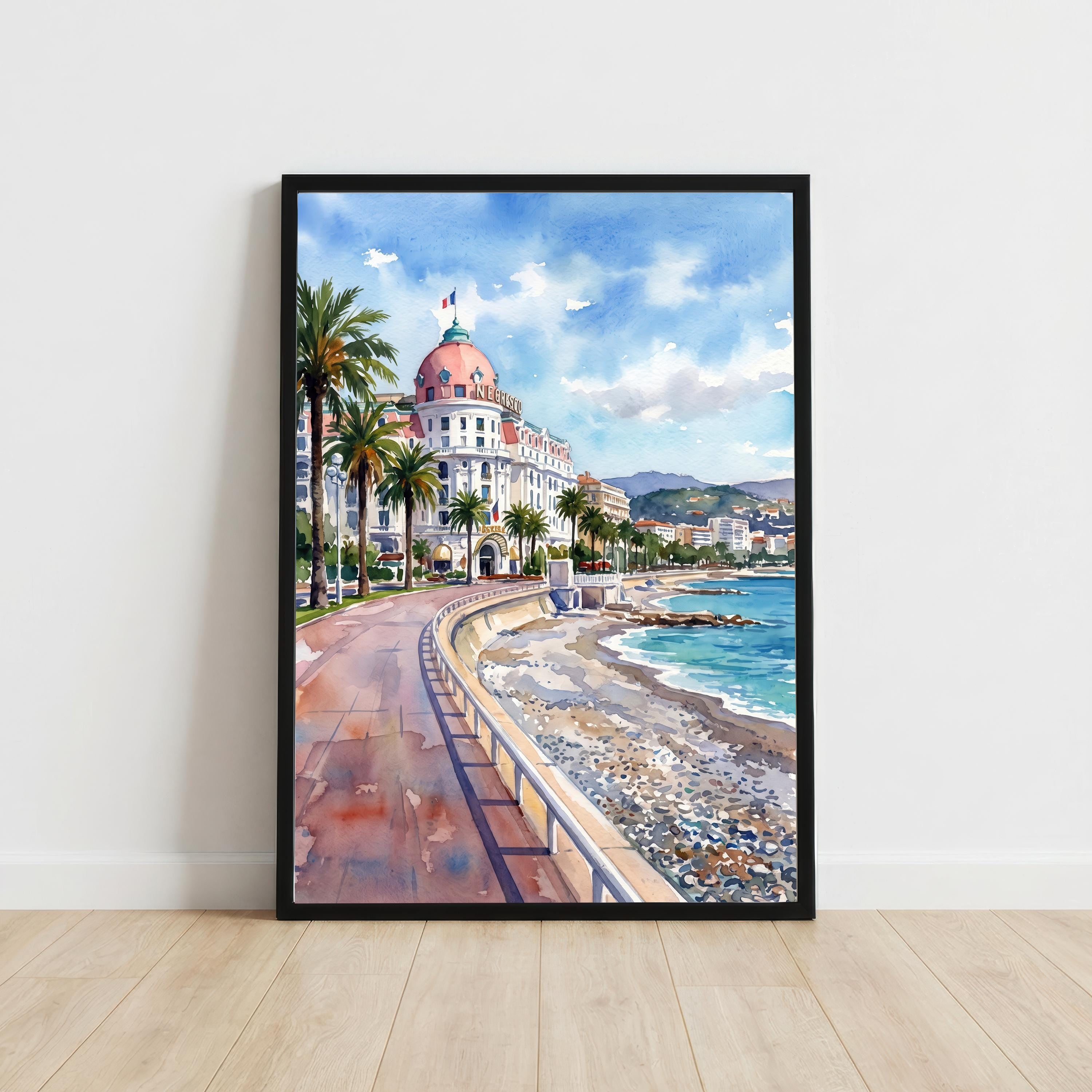 Nice France Watercolor Art Print French Riviera Wall Decor Mediterranean Coastal Landscape Travel Poster European Gift Home Décor