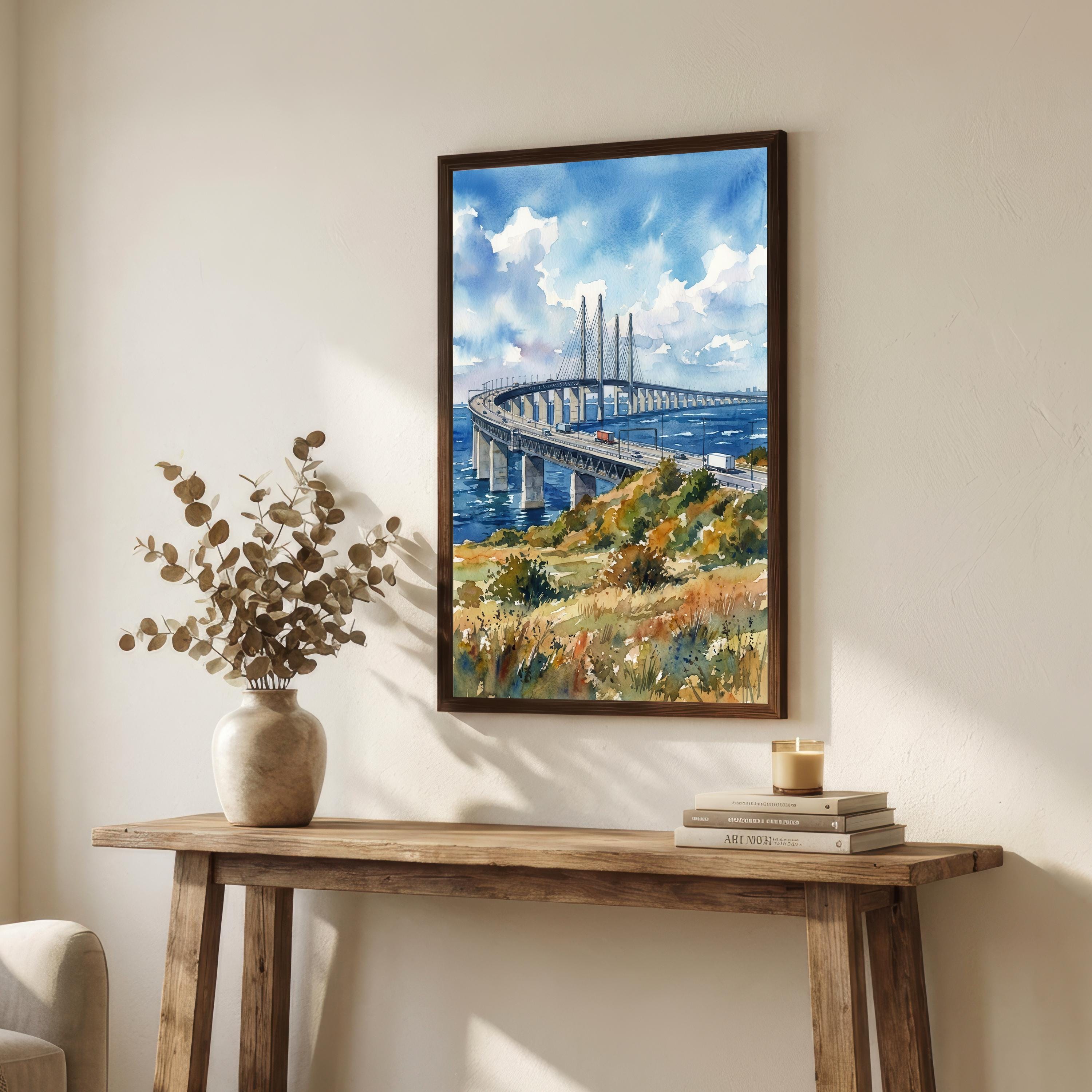 Oresund Bridge Sweden Watercolor Art Print Scandinavian Wall Decor Malmö Copenhagen Coastal Landscape Travel Poster Nordic Gift
