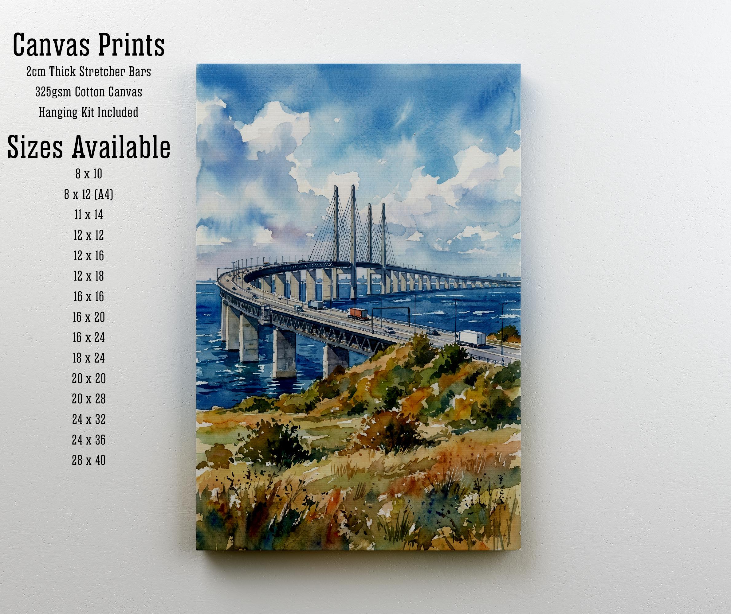 Oresund Bridge Sweden Watercolor Art Print Scandinavian Wall Decor Malmö Copenhagen Coastal Landscape Travel Poster Nordic Gift