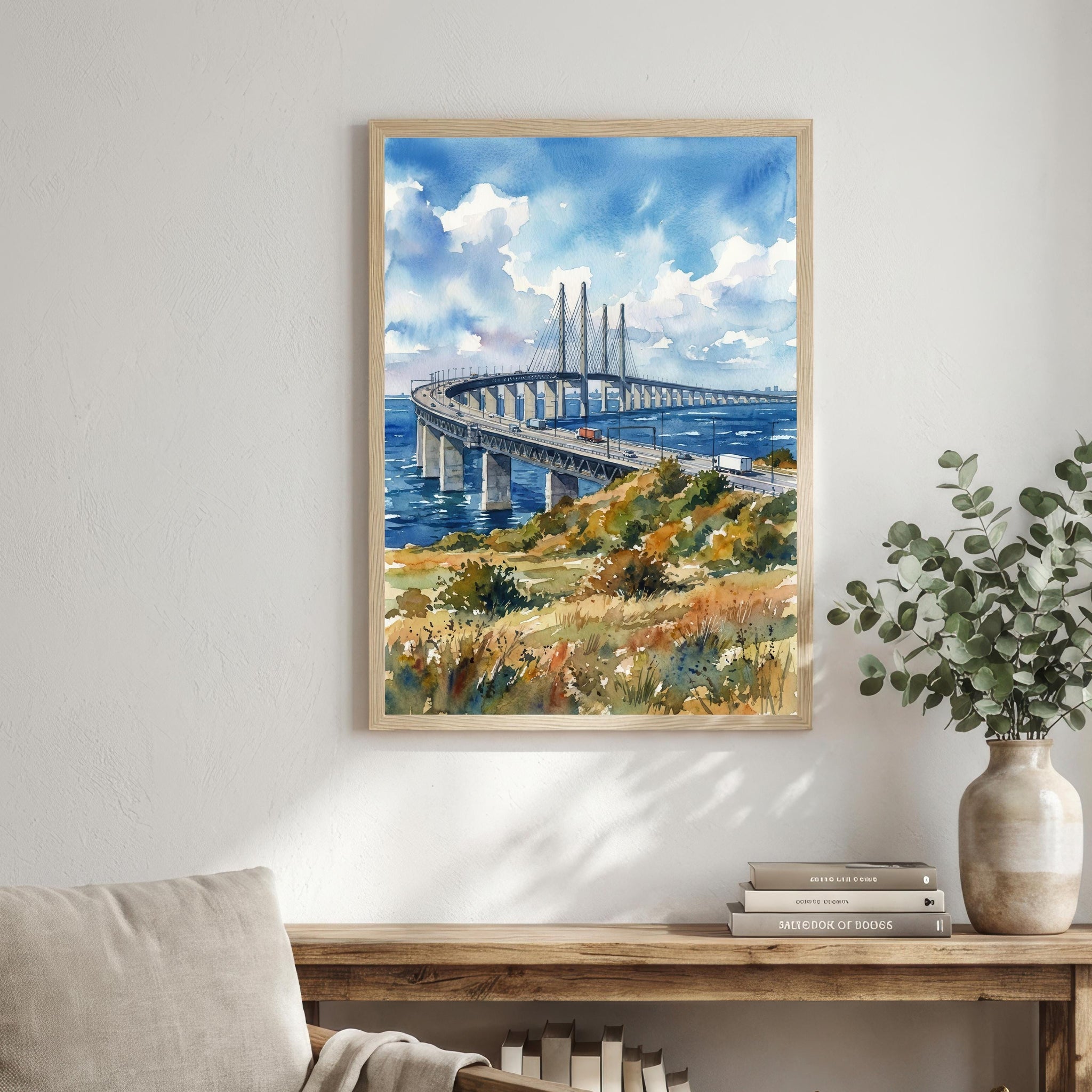 Oresund Bridge Sweden Watercolor Art Print Scandinavian Wall Decor Malmö Copenhagen Coastal Landscape Travel Poster Nordic Gift