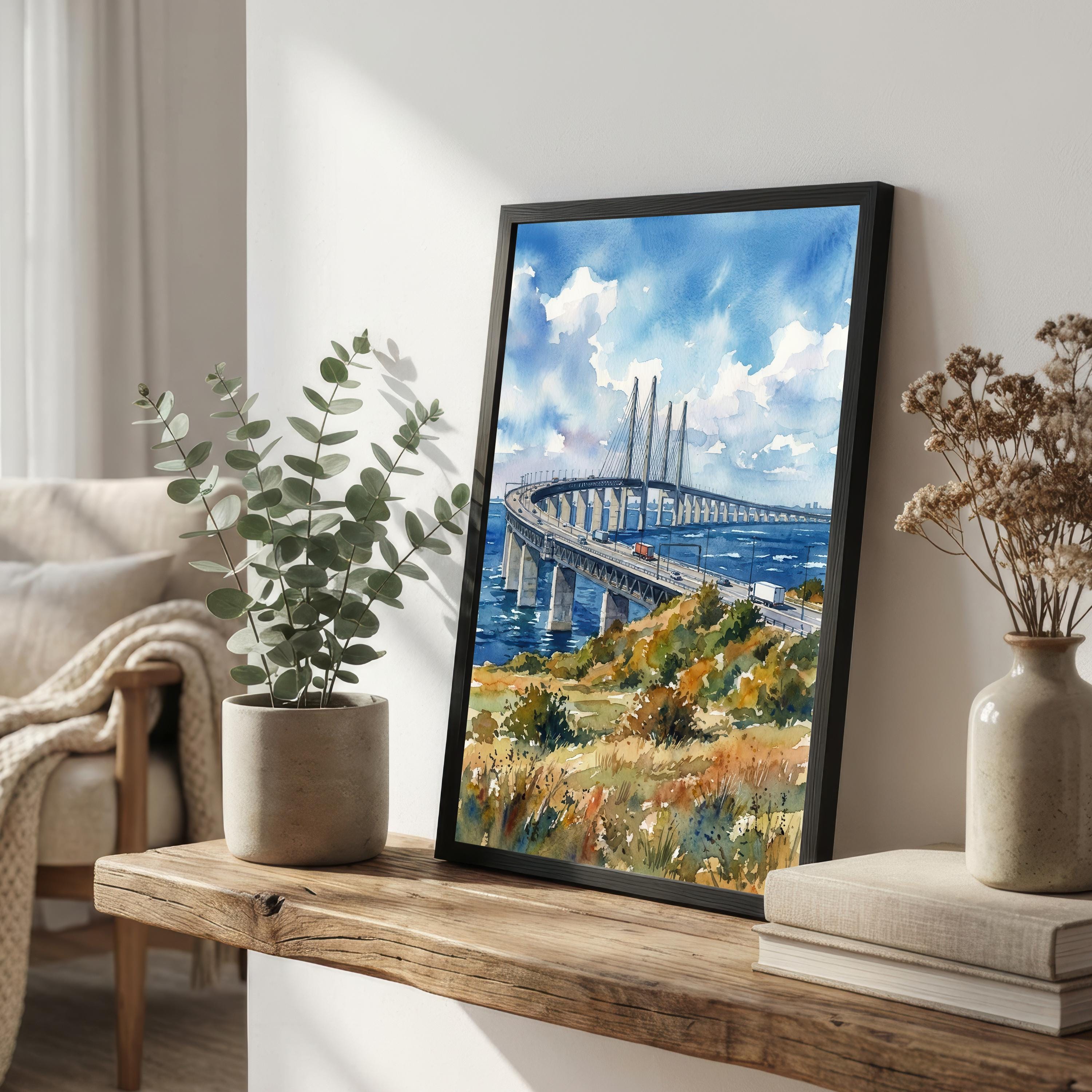 Oresund Bridge Sweden Watercolor Art Print Scandinavian Wall Decor Malmö Copenhagen Coastal Landscape Travel Poster Nordic Gift