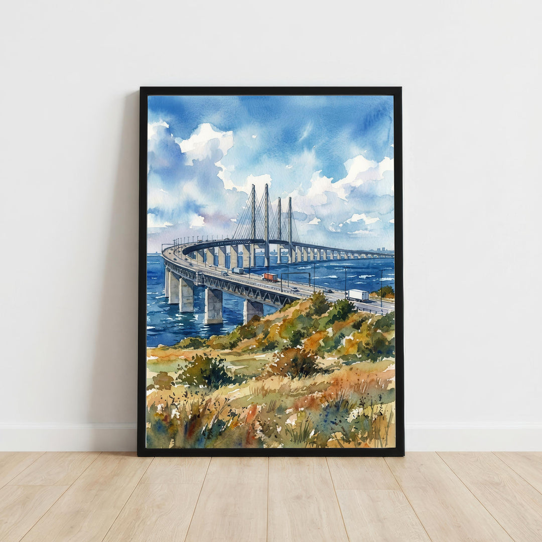 Oresund Bridge Sweden Watercolor Art Print Scandinavian Wall Decor Malmö Copenhagen Coastal Landscape Travel Poster Nordic Gift