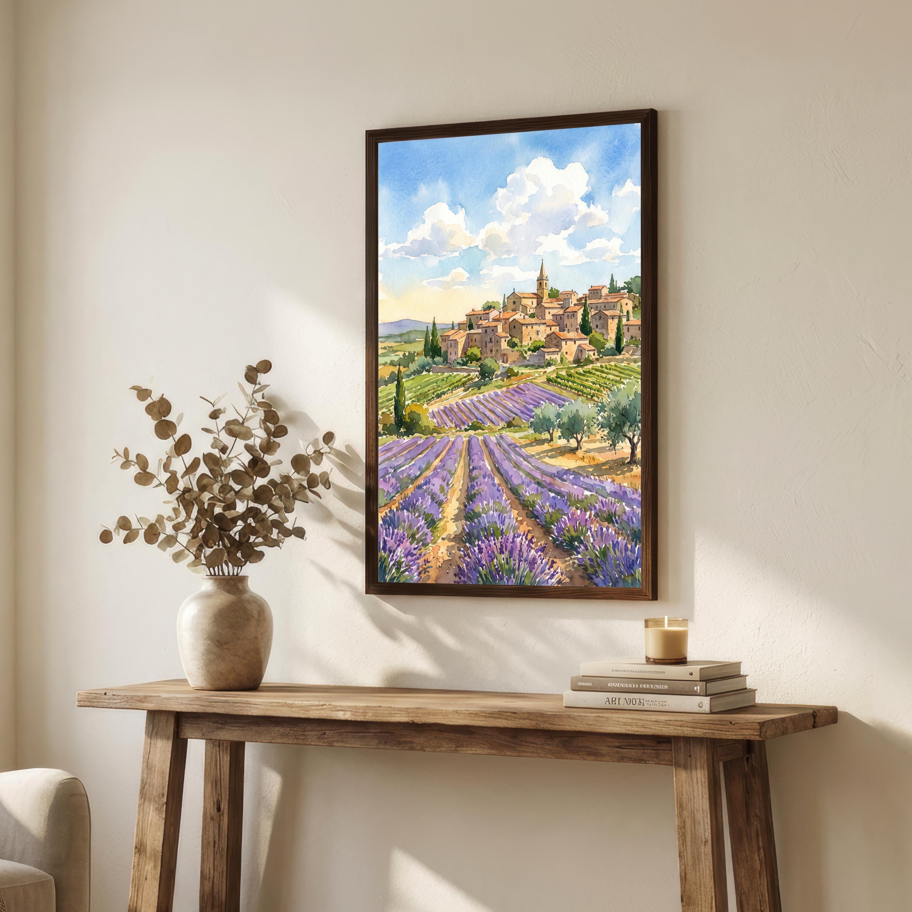 Provence France Watercolor Art Print French Countryside Wall Decor Lavender Field Landscape Travel Poster European Gift Home Décor