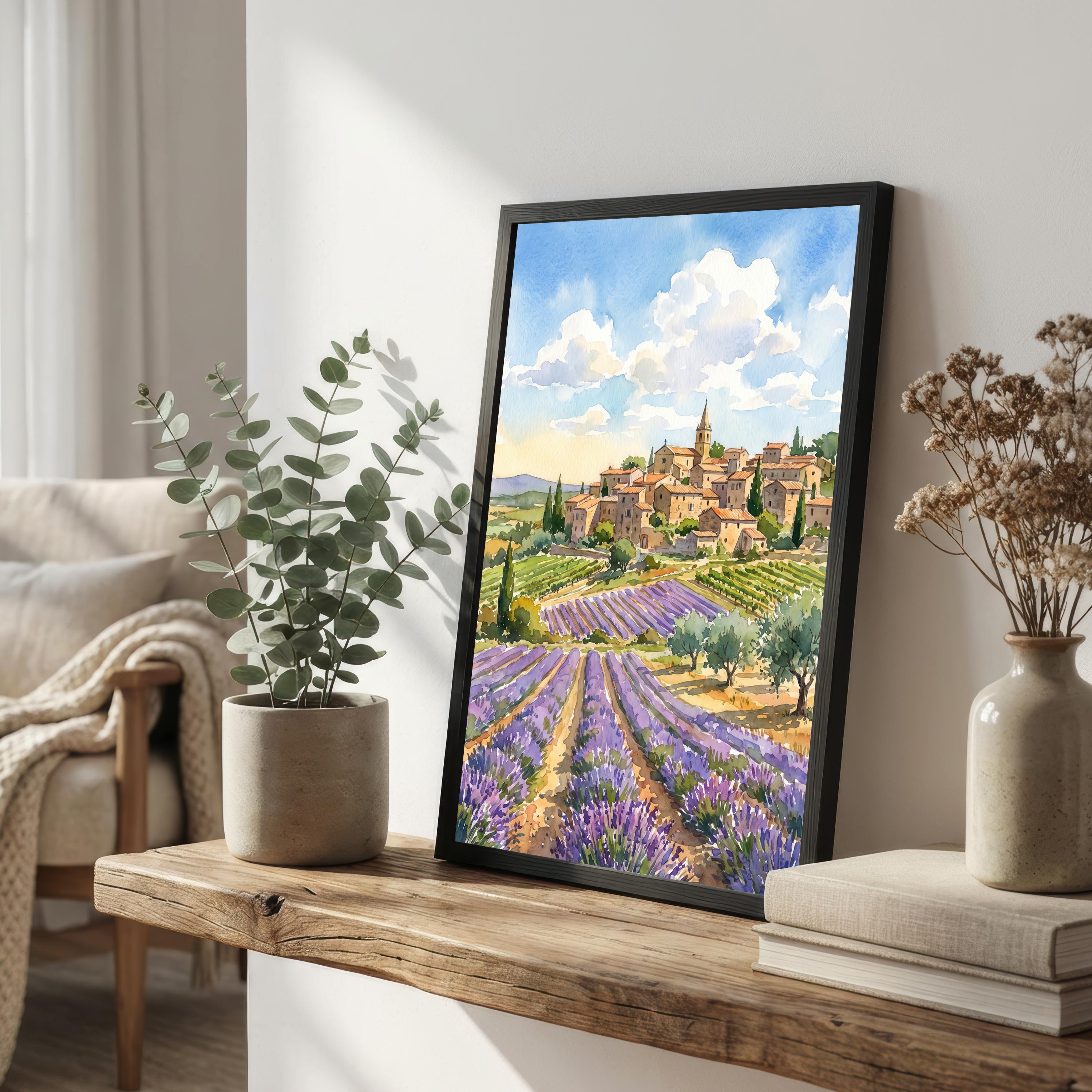 Provence France Watercolor Art Print French Countryside Wall Decor Lavender Field Landscape Travel Poster European Gift Home Décor